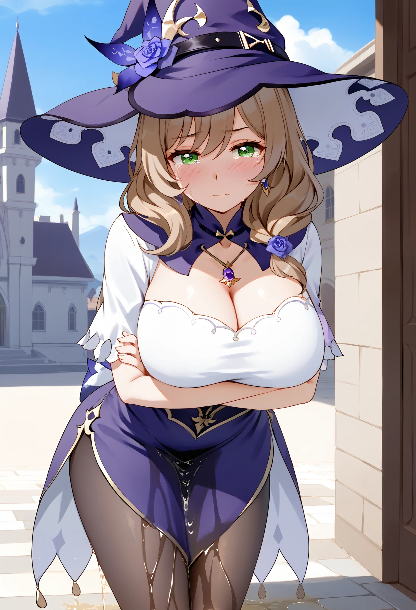 (\li sha\), 1girl, huge breasts, lisa \(genshin impact\), A detailed portrait of a young woman with beautiful green eyes, brown hair, and bangs, wearing a witch hat, dress, pantyhose, and purple headwear with earrings, (1girl, detailed eyes, extremely detailed face), beautiful detailed eyes, extremely detailed eyes and face, long eyelashes, brown hair, green eyes, witch hat, purple headwear, earrings, long hair, bangs, hair ornament, (wetting self:2.0), humiliation, blushing, angry, tears, standing, facing viewer, leaning forward, bent over, (arms crossed:1.5), outdoors, castle, town, (best quality, 4k, 8k, highres, masterpiece:1.2), ultra-detailed, HDR, UHD, studio lighting, ultra-fine painting, sharp focus, physically-based rendering, extreme detail description, professional, vivid colors, bokeh, portrait