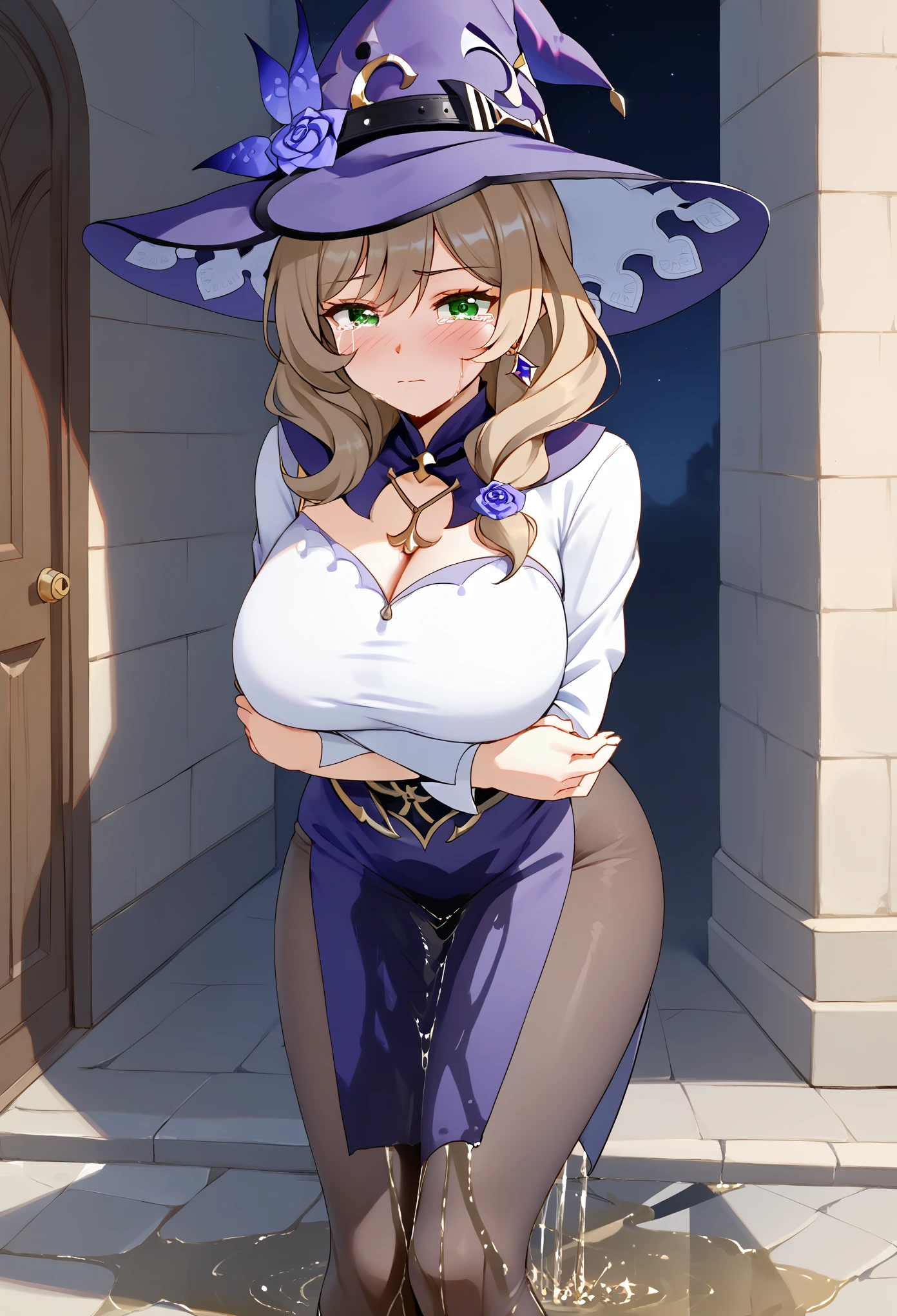 (\li sha\), 1girl, huge breasts, lisa \(genshin impact\), A detailed portrait of a young woman with beautiful green eyes, brown hair, and bangs, wearing a witch hat, dress, pantyhose, and purple headwear with earrings, (1girl, detailed eyes, extremely detailed face), beautiful detailed eyes, extremely detailed eyes and face, long eyelashes, brown hair, green eyes, witch hat, purple headwear, earrings, long hair, bangs, hair ornament, (wetting self:2.0), humiliation, blushing, angry, tears, standing, facing viewer, leaning forward, bent over, (arms crossed:1.5), outdoors, castle, town, (best quality, 4k, 8k, highres, masterpiece:1.2), ultra-detailed, HDR, UHD, studio lighting, ultra-fine painting, sharp focus, physically-based rendering, extreme detail description, professional, vivid colors, bokeh, portrait