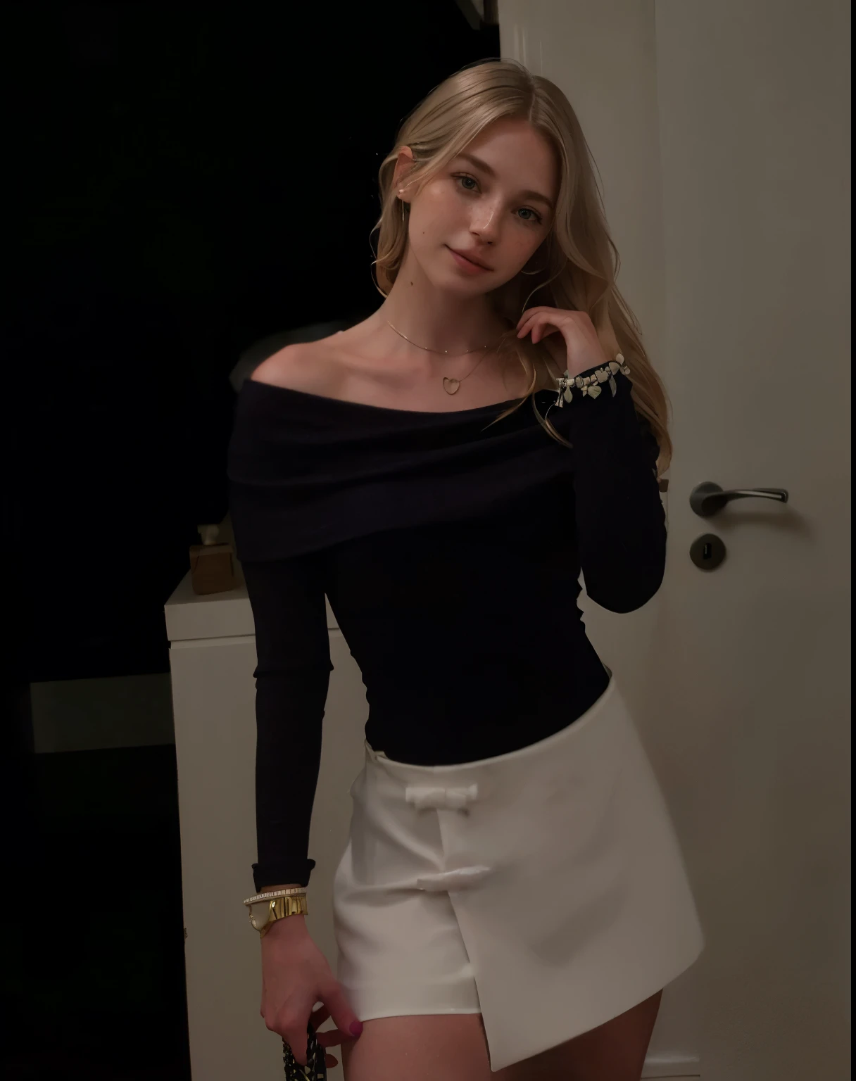 ((Best Quality)), ((masterpiece)), (detailed), 1 girl, off shoulder sweater, and short skirt 