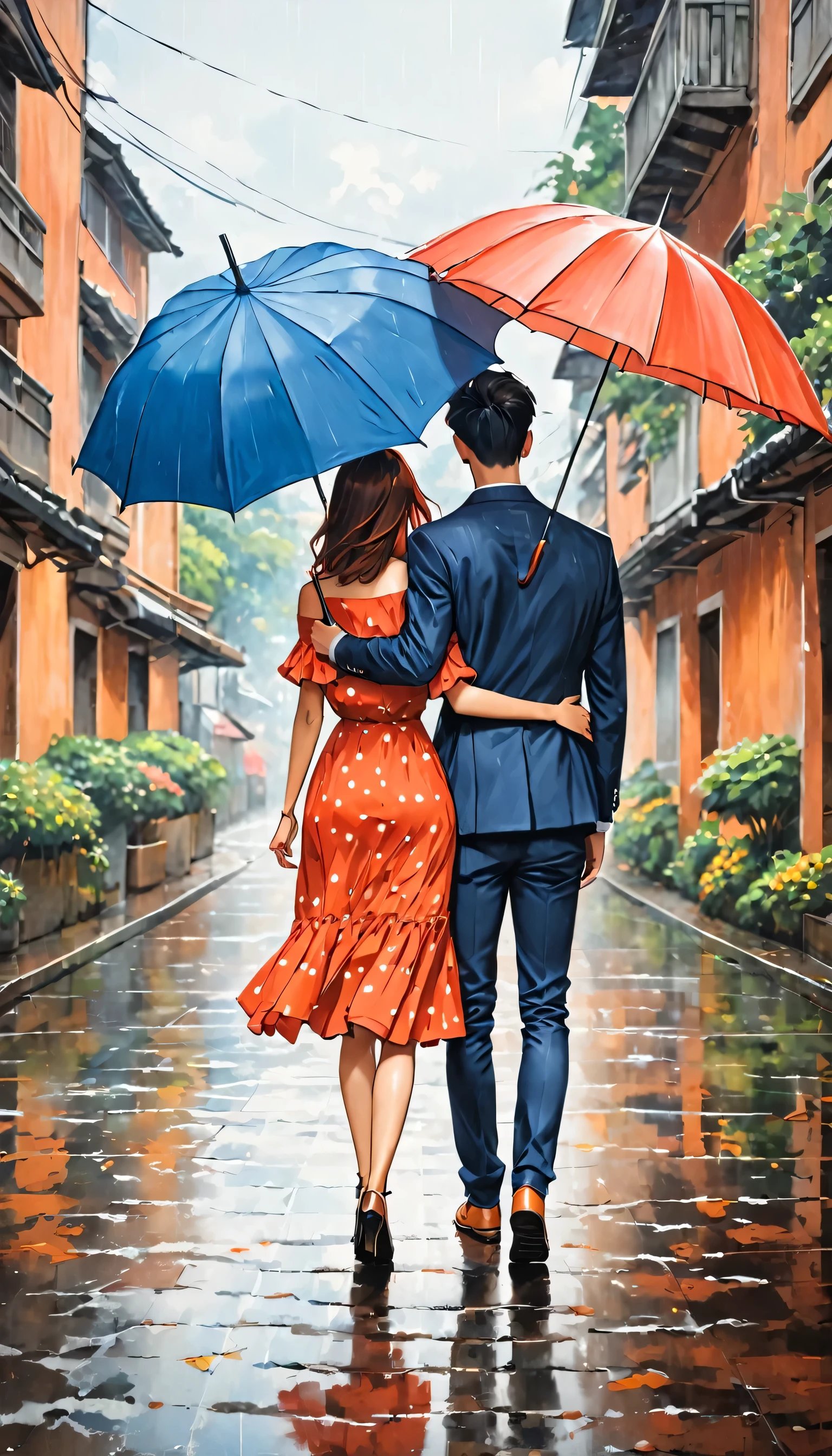 Back view of couple holding umbrella