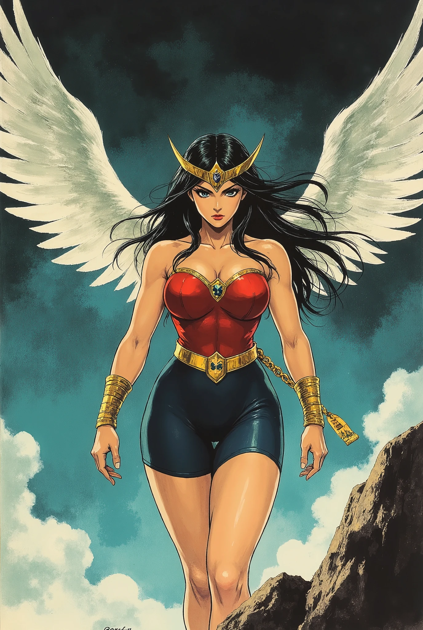 (best quality,8k:1.2,high resolution:1.2),ultra-detalhado,Realistic,vintage godess female,long black straight hair,rosto extremamente detalhado,long eyelashes,big white angel wings,soft blue and green dress with gold details,suntan pantyhose,metalic accessories,Physically-based rendering,sharp focus,white neutral background