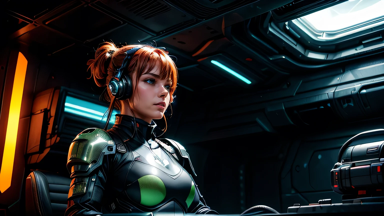 curvy robotic woman, wearing a neon green and black mecha outfit, long orange hair, a portrait close-up view, neon city night background 