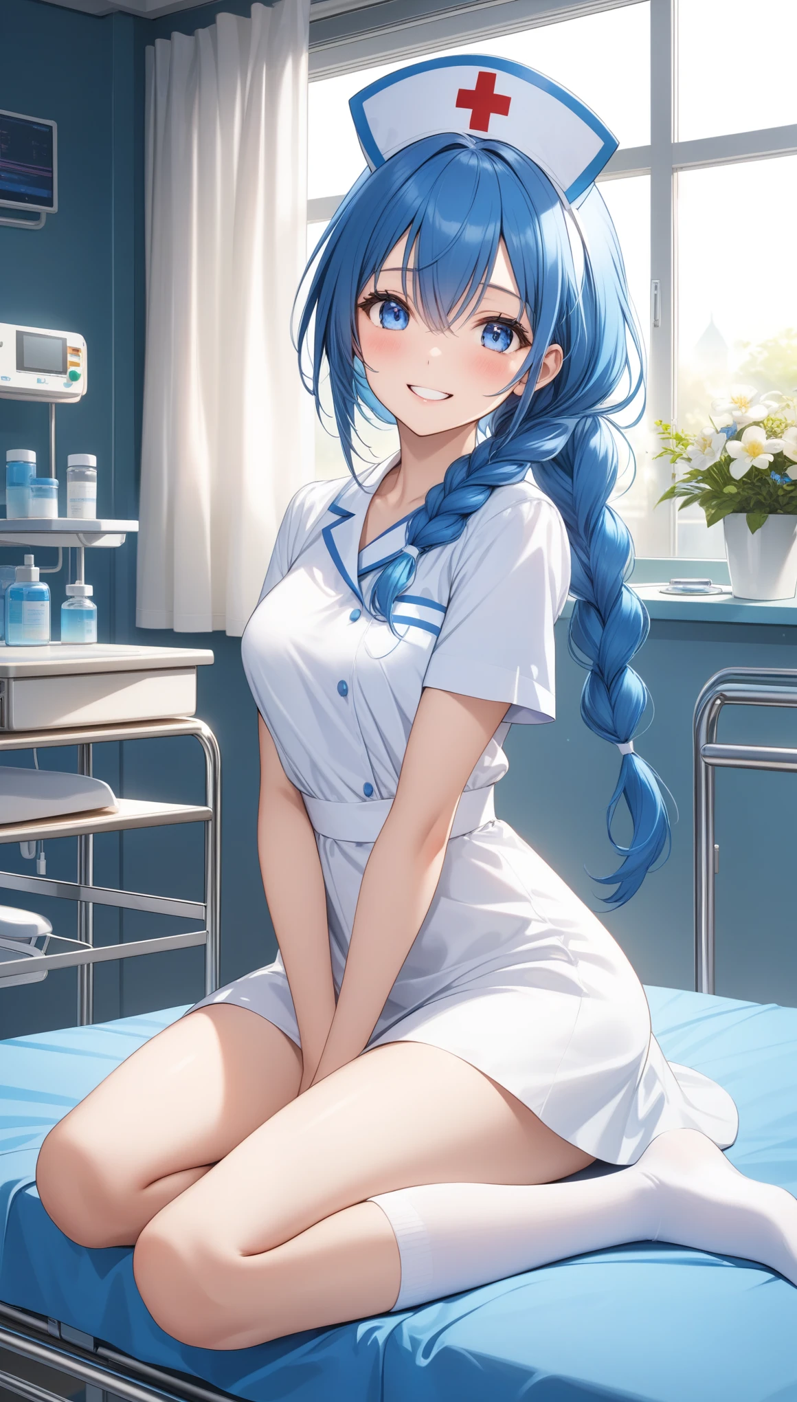 Aqua from the anime Konosuba with nurse's uniform in the Hospital, blue eyes and long blue hair, realistic, Japanese, medium breasts, extremely realistic, 8k, masterpiece