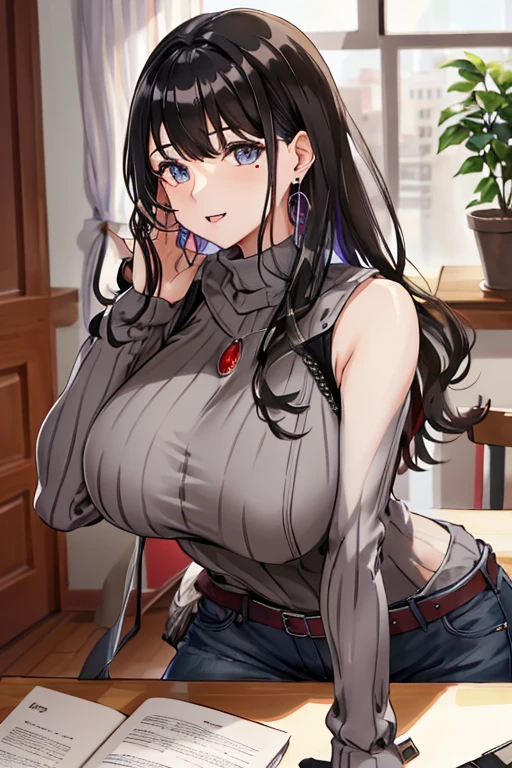 On the table, best quality, high resolution, hmkm1, Mole under the eye, earrings, a, turtleneck sweater, Fur trim, , sleeveless, Cowboy shooting, indoor，Super huge breasts