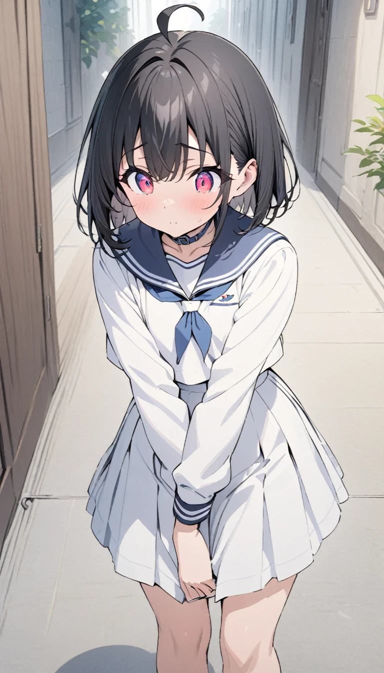 girl、Bobcut、Black Hair、Ahoge、Red Eye、Tree Eyes、Three white eyes、Sailor suit、bright,白いSailor suit,Navy blue collar,Long sleeve,Puff sleeves,Navy blue cuffs,white line,The skirt is white,Navy blue line on hem,Thick and thin lines,、Old fashioned hallway background、Front、masterpiece、Please redeem、Detailed explanation、Cute Anime、Illustration、High resolution, Attention to detail, 超High resolution, Very detailed,