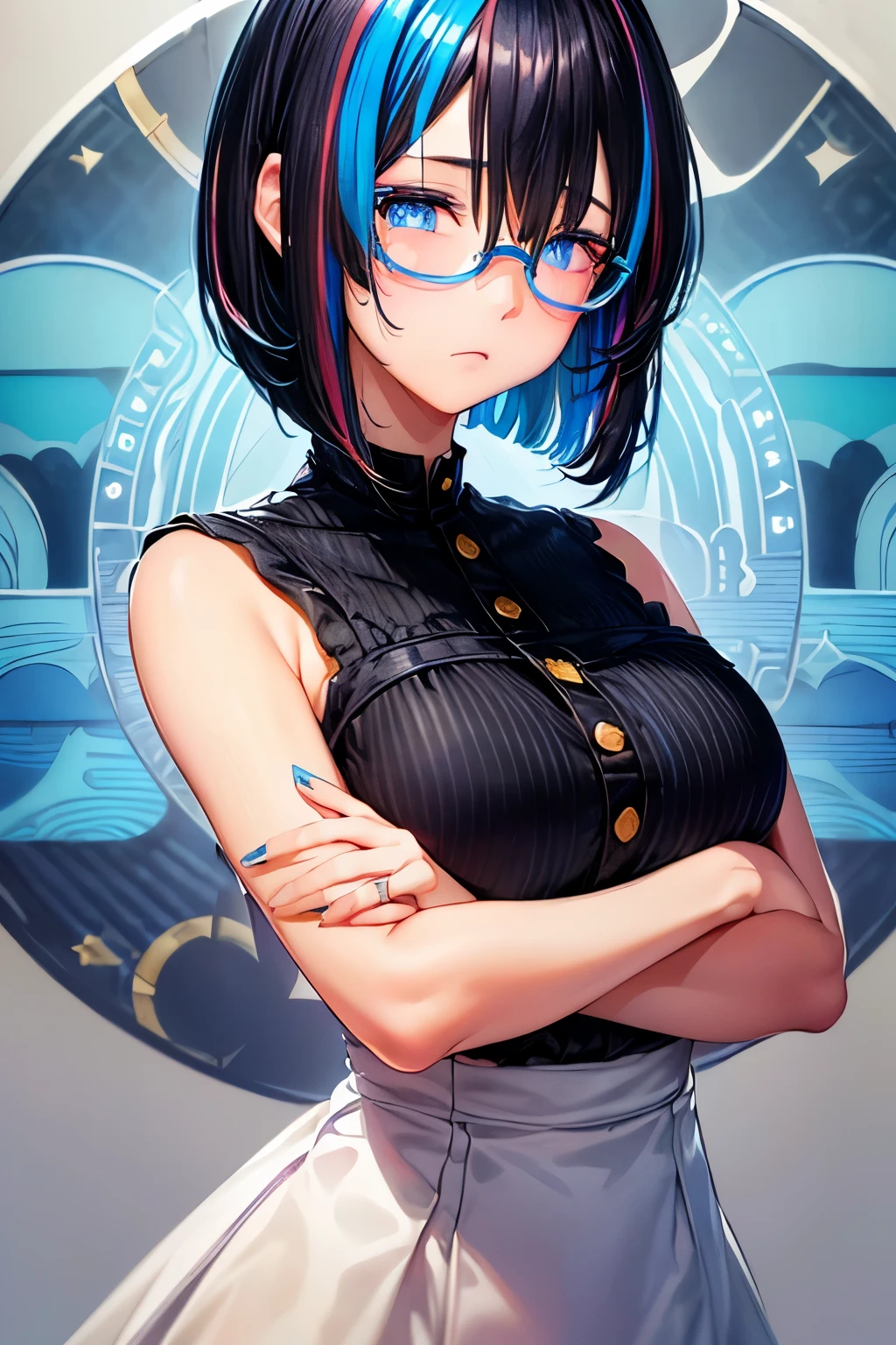 (masterpiece, ultra quality:1.2, 4k, beautiful),(1girl, solo, (Secret Illustration,(cute, fair skin, (black Hair, inner blue hair:0.4, BREAK, short hair, hairs between eyes) ,(Blue streaked hair),blue eyes, round glasses, blush stickers) ,BREAK, (Detective) ,(Shine, Sophisticated)))