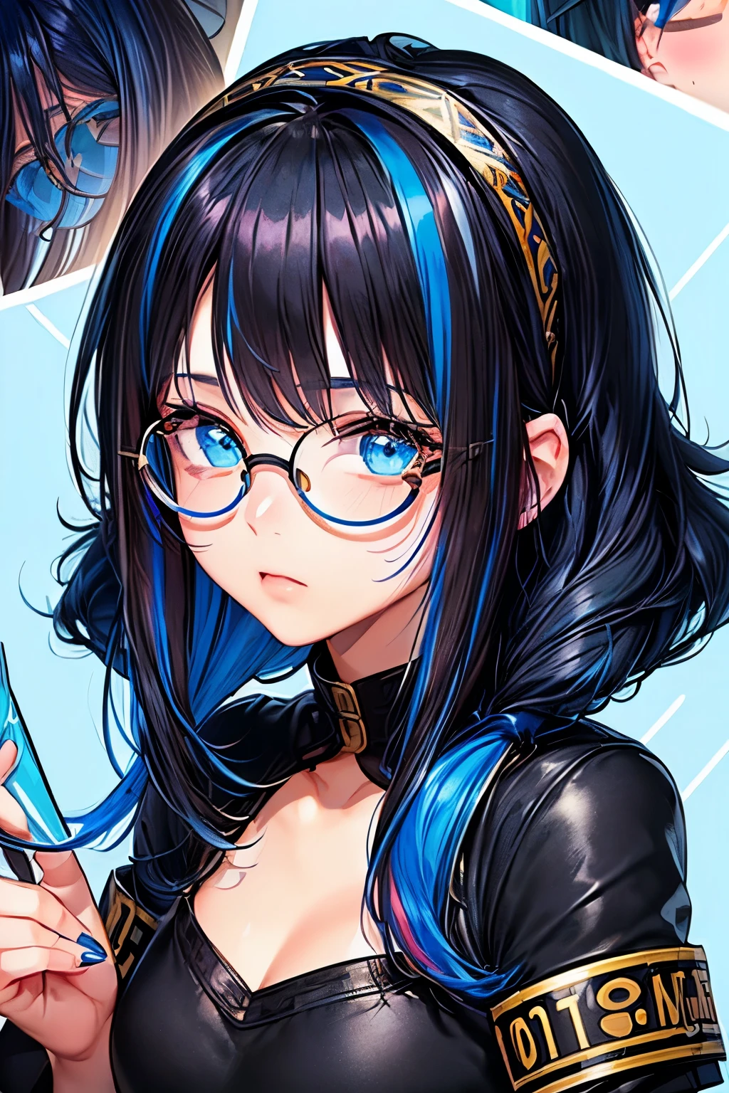 (masterpiece, ultra quality:1.2, 4k, beautiful),(1girl, (Secret Illustration,(cute, fair skin, (black Hair, inner blue hair:0.4, BREAK, medium hair, hairs between eyes) ,(Blue streaked hair),blue eyes, round glasses, blush stickers) ,BREAK, (Detective) ,(Shine, Sophisticated)))