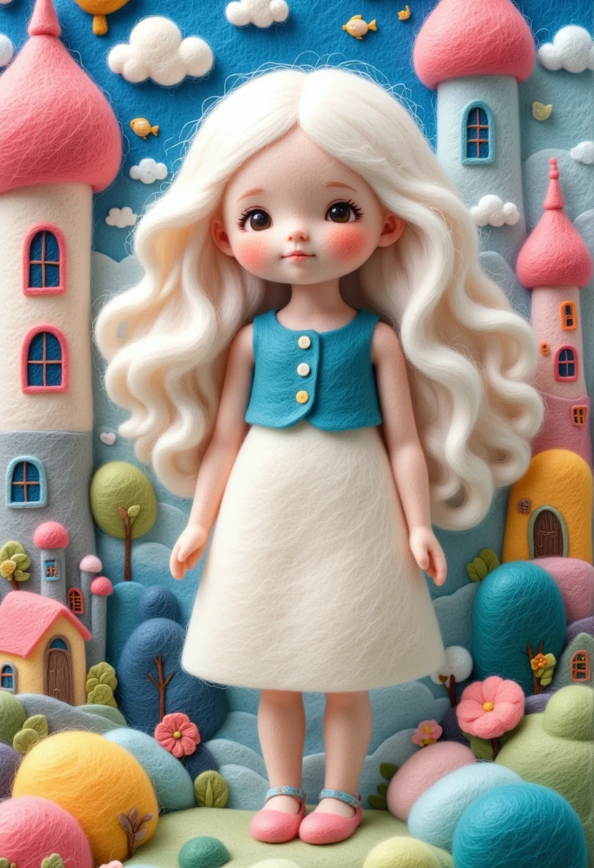 A delicate felt painting：Happy little kid，Fluffy and soft long hair。Dreamy and beautiful。