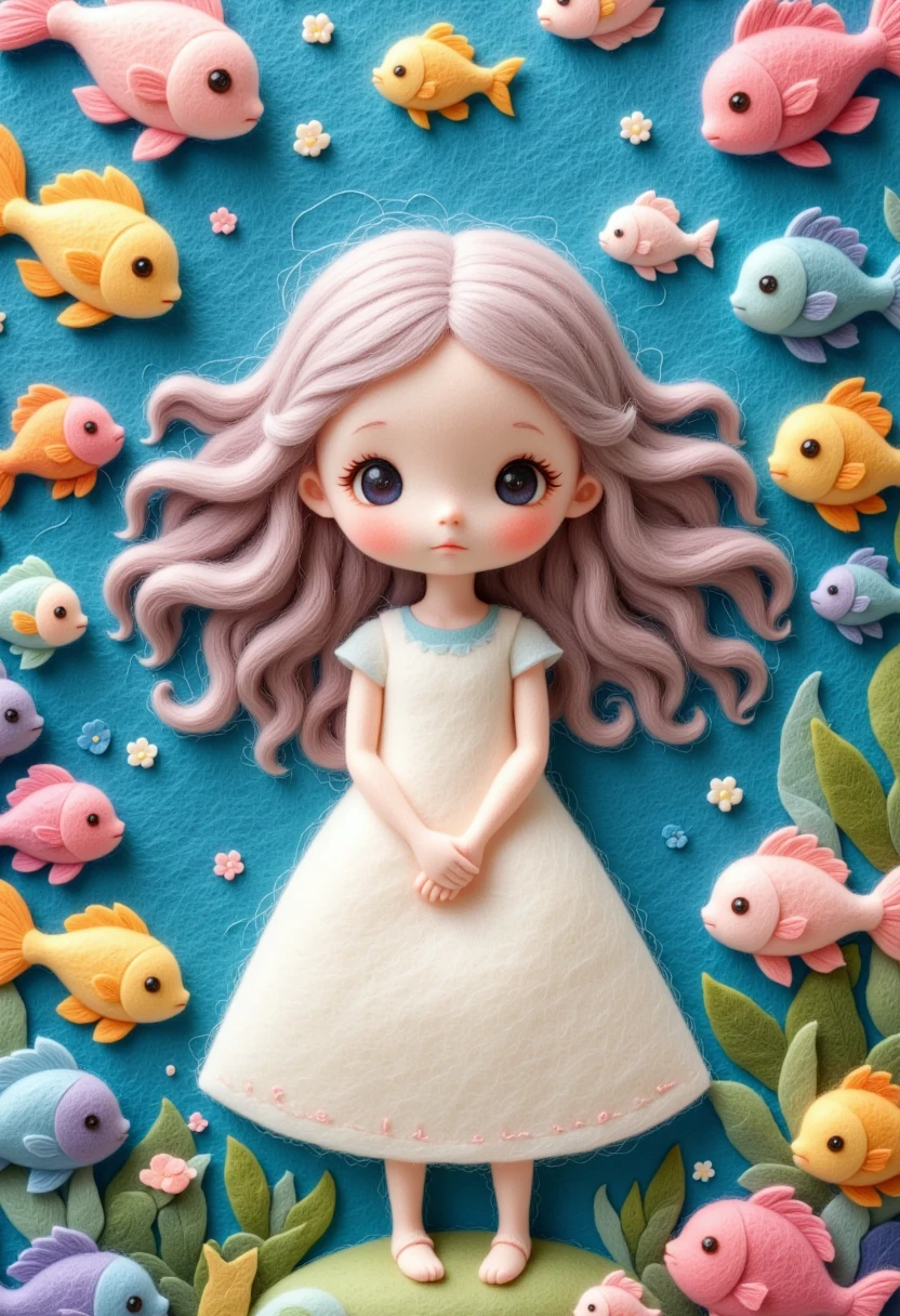 A delicate felt painting：Happy ，Fluffy and soft long hair。Cute school of fish，Dreamy and beautiful。