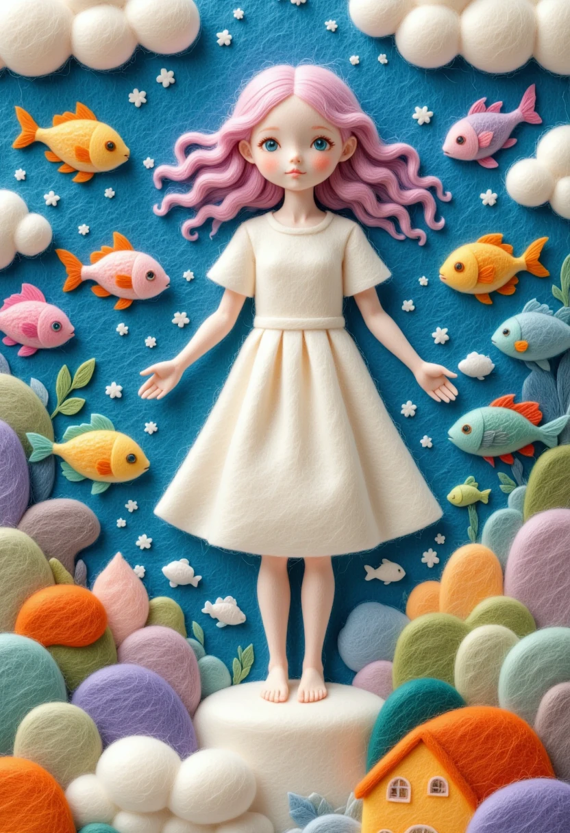 A delicate felt painting：Happy little kid，Fluffy and soft long hair。Cute school of fish，Dreamy and beautiful。