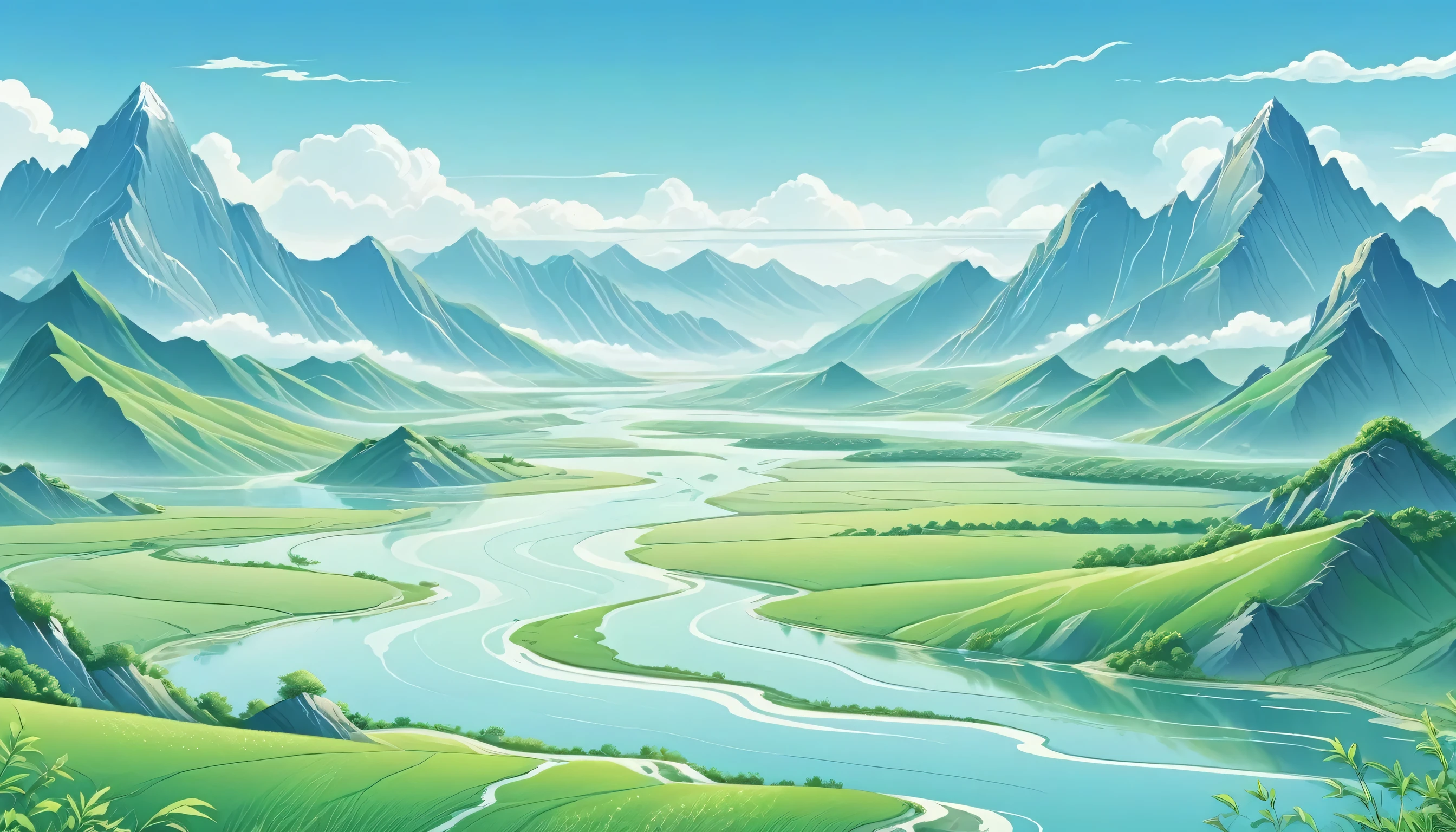 Wide river，Vast plains，Mainly line illustrations，Simple and flat，The main color of the mountains and sky is green、blue