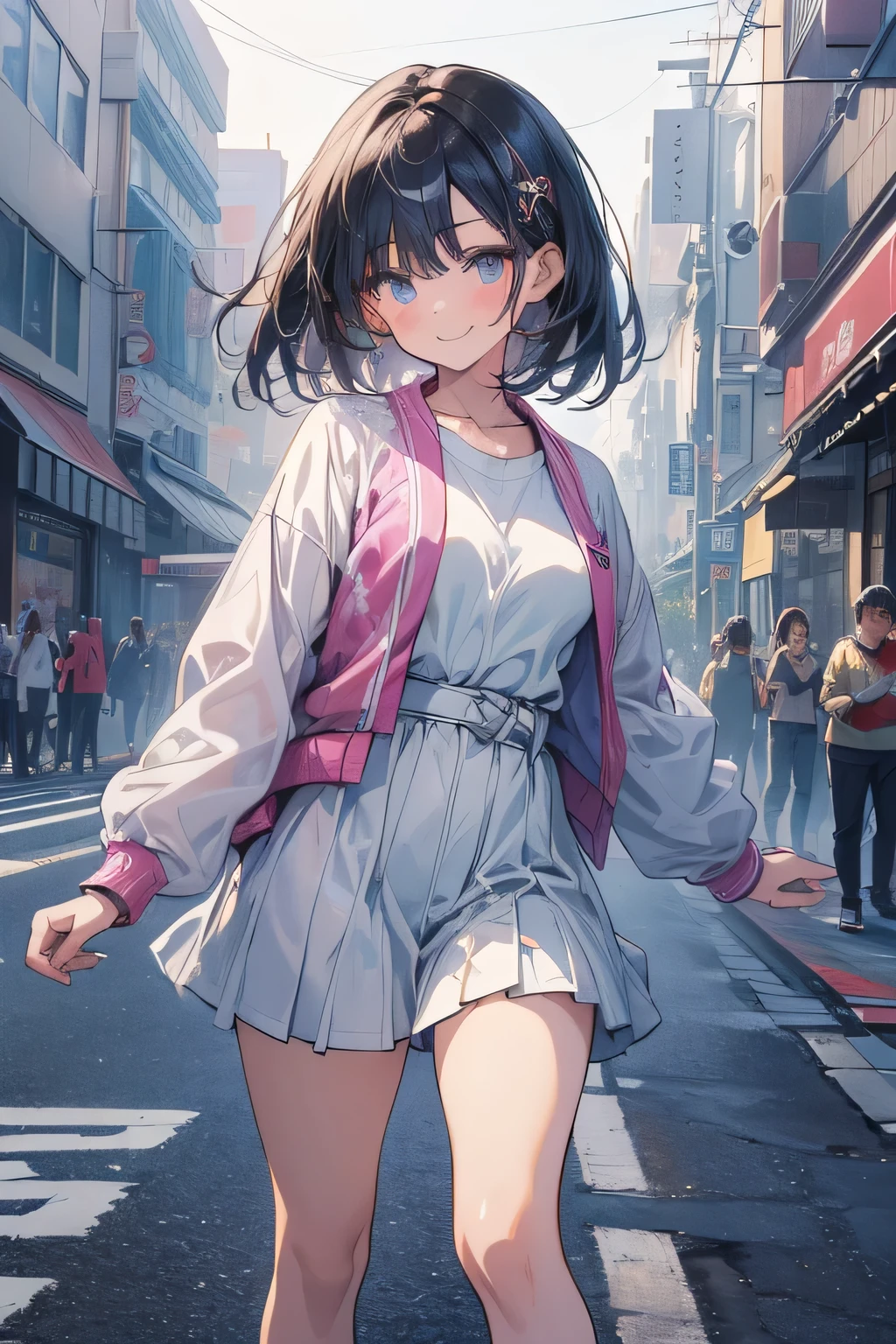 Nishizumi Maho,Pink jacket,Pink Skirt,Brown Hair,Brown Eyes,Happy expression,whole body,Upright posture,