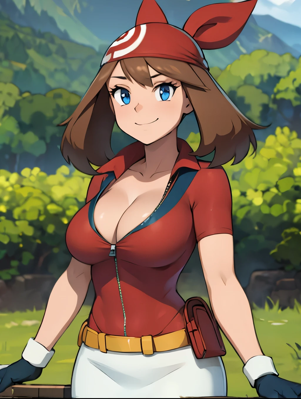 Perfect CG unity 8K UHD wallpaper, Perfect CG unity 8K UHD wallpaper, (masterpiece, best quality:1.2), cowboy shot, zzMay, solo, brown hair, blue eyes, medium hair,perfect,red shirt, bike shorts, red bandana, red shirt, gloves, white skirt, yellow fanny pack ,outdoors, large breasts, zipped up shirt, smile, cleavage