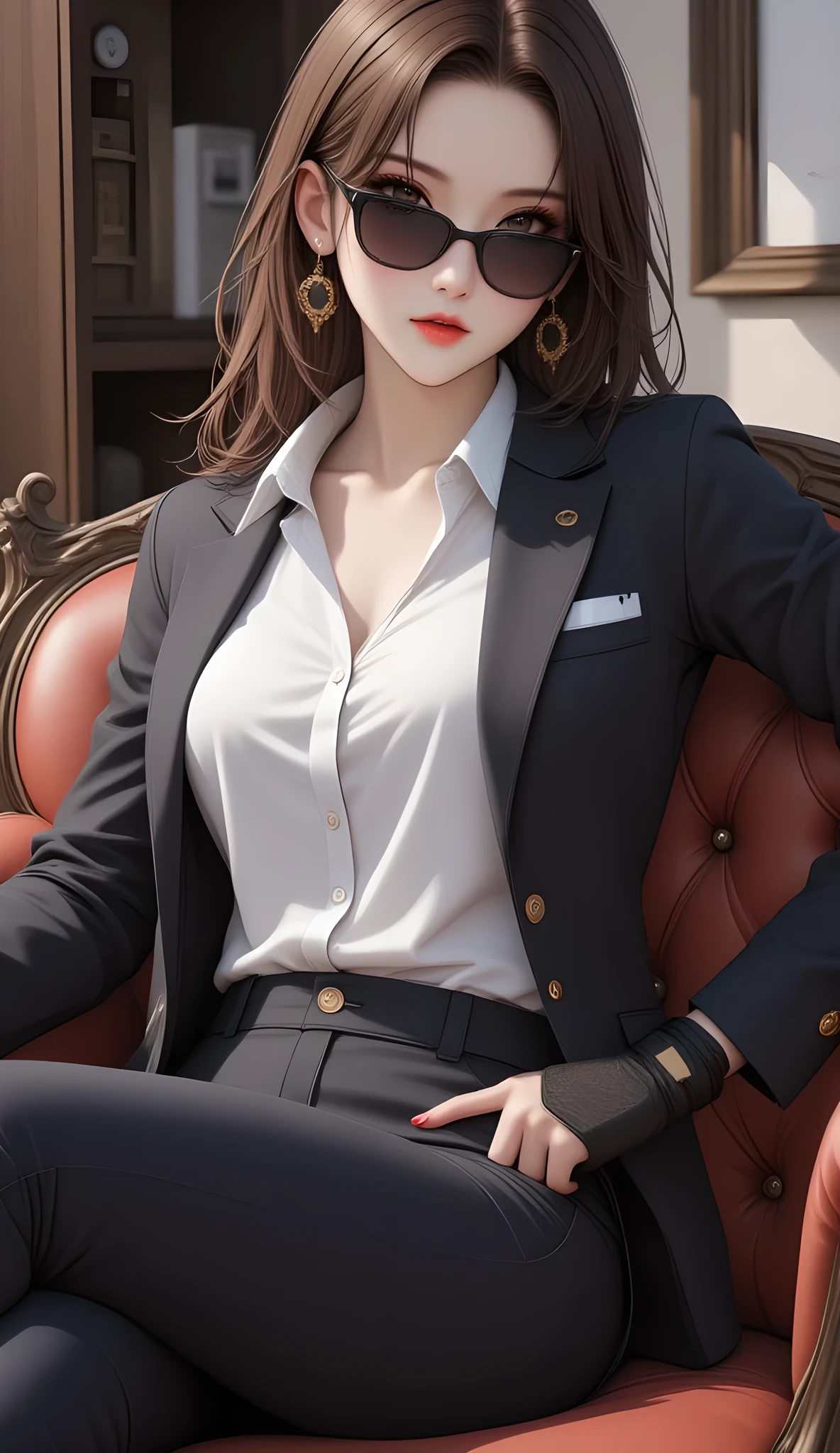 1girl ,mafia mob, intricate clothing, intense gaze, dark background, dramatic lighting, cinematic composition, muted color palette,(masterpiece, best quality:1.3), sunglasses,suit, white shirt, sitting on sofa, background guns vault, black  gloves, charismatic, holding gold pistol 