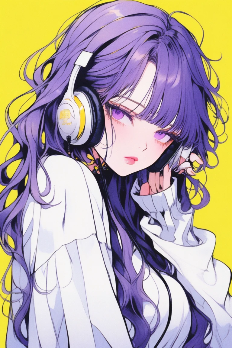 (best quality, sketch:1.2),realistic,illustrator,anime,1 girl, detailed lips, sweater, custom, yellow gradient background, neon hair, blunt bangs, wavy long hair, textured cropping, masterpiece, style retro classic, noir dark , ,Uta, purple eyes, long hair, split-color hair, hair over one eye, hair rings, headphones, white dress, frills, neck ribbon, single sleeve, long sleeve,