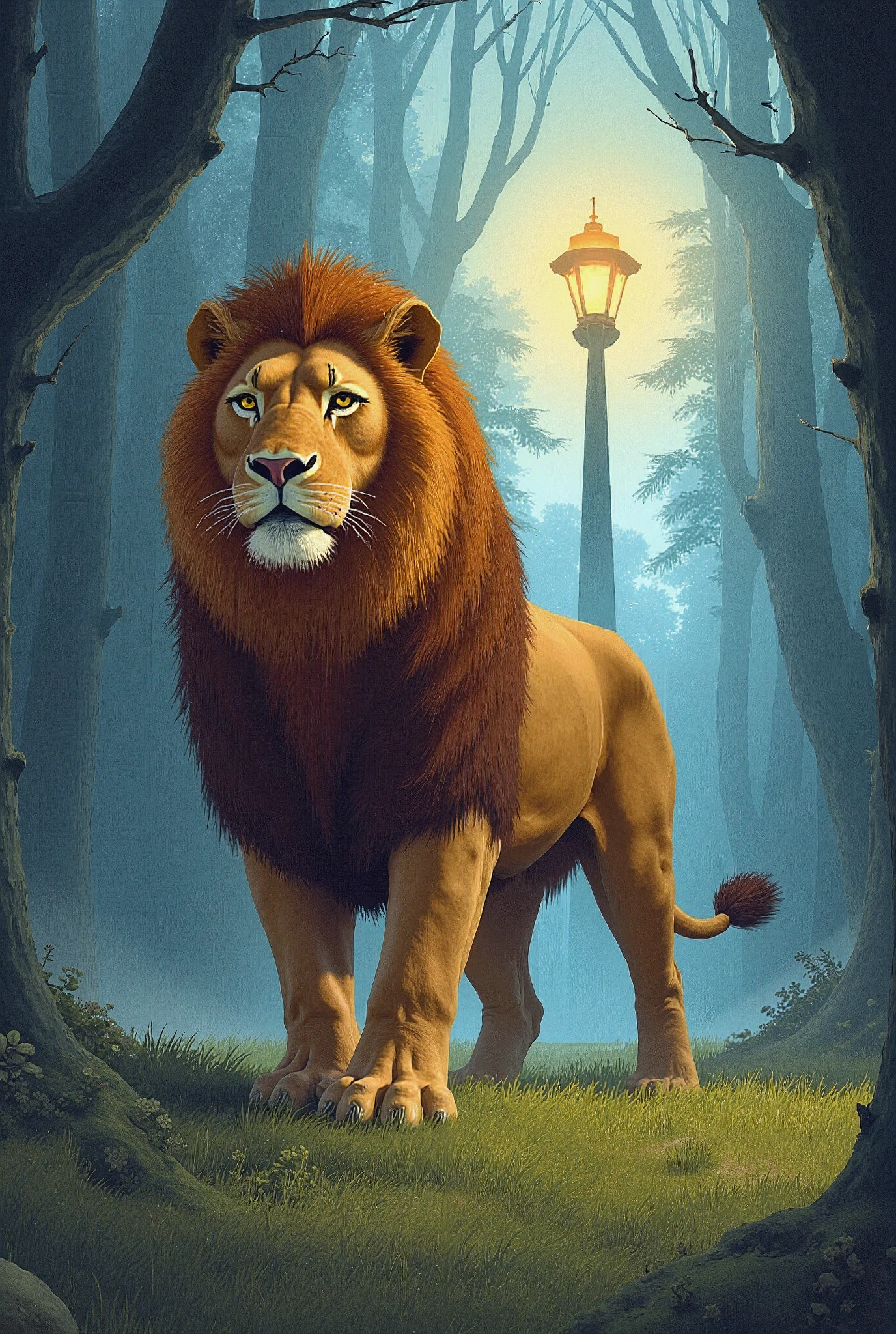 a majestic lion standing on a forest plain, Aslan from The Chronicles of Narnia, king Aslan, (lion,large,muscular,detailed),detailed fur, powerful stance, looking directly at viewer, magical atmosphere, (glowing lamppost in background, tall and big lamppost), (highly detailed, coloring book, best quality, 8k, masterpiece)