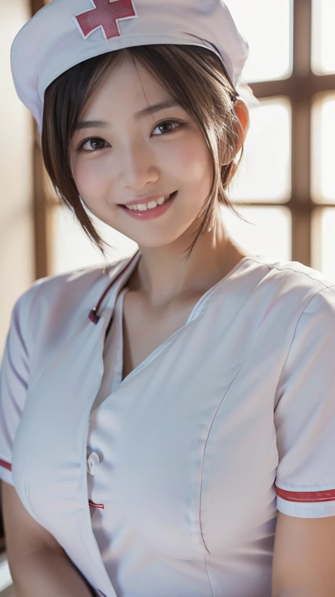 Enhanced dynamic perspective，Cute cute beautiful girl，JK ，Look at me and smile，simple backgound，Works of masters，high quarity，4K resolution，super-fine，Detailed pubic hair，precise，Cinematic lighting，Leaves the original facial proportions、(large full breasts)、((buttonGap)), nurse_uniform ,
