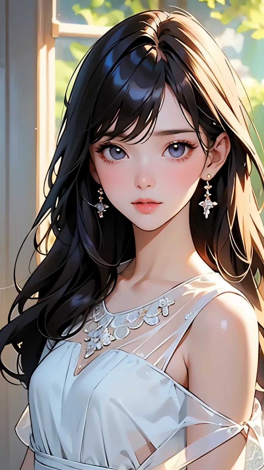 A very beautiful girl, See-through，Beautiful and fair、Beautiful Skin、Glowing Skin, bright, A refreshing and gentle appearance, Perfect beautiful face、Beautiful shiny bangs, Small breasts，Lace dress，See-through，Blur the background、8k、Best Quality、High image quality、masterpiece、wallpaper、