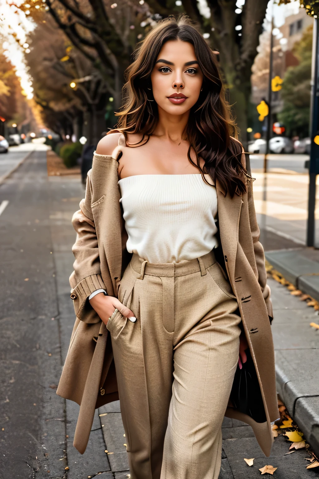 Generate an image of a stylish female model dressed in trendy autumn fashion. She is wearing a chic, oversized coat in neutral tones, layered over a cozy knit sweater and high-waisted trousers. The model stands on a sidewalk covered in golden-brown leaves, with autumn trees lining the street. Her outfit combines modern elegance with a relaxed autumn vibe, including ankle boots and subtle accessories like a crossbody bag. The model has shoulder-length brunette hair, styled in soft waves, and natural makeup. The lighting is soft, with the golden glow of the setting sun filtering through the trees, creating a warm, inviting atmosphere.