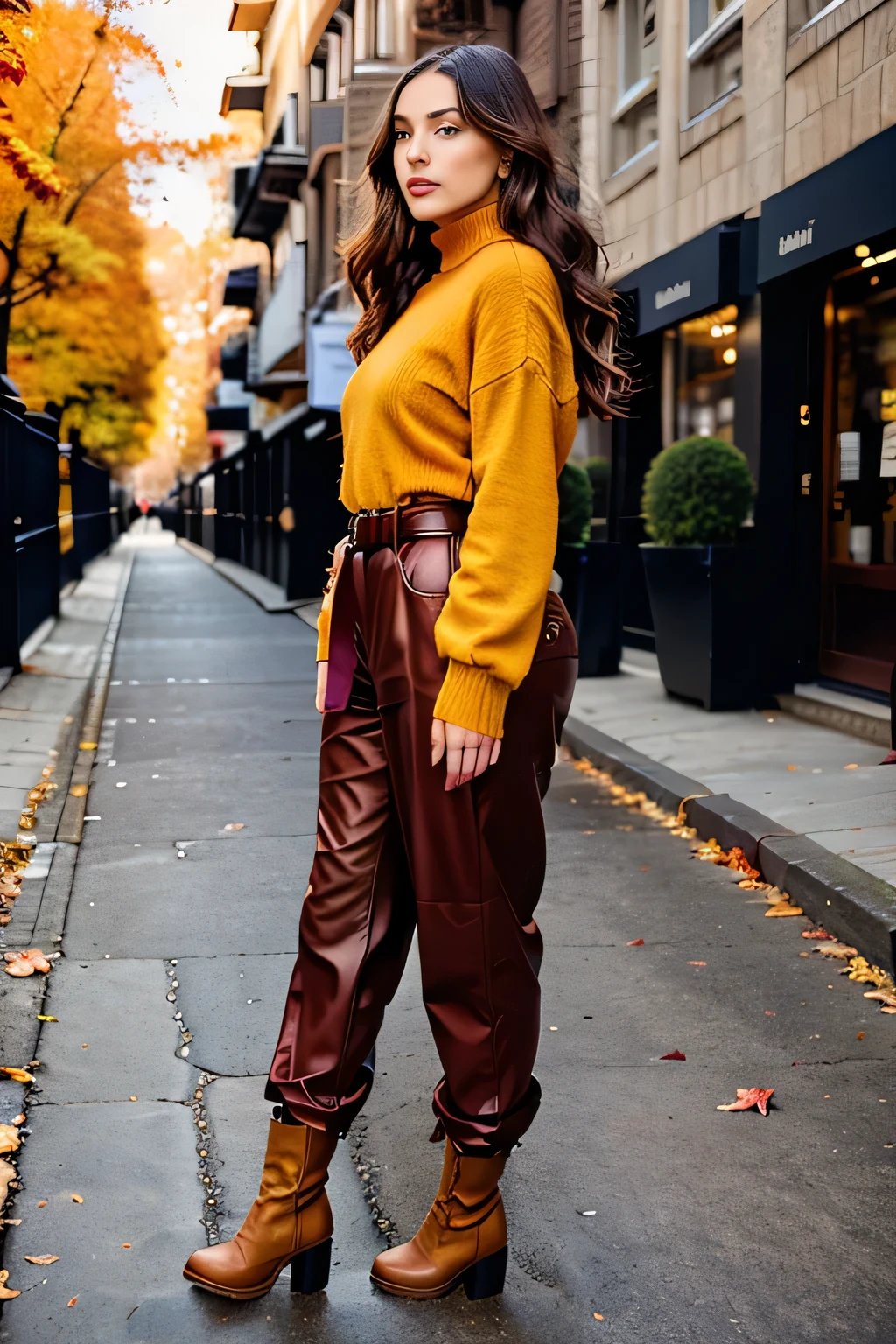 Create an image of a fashionable female model dressed in autumn-inspired clothing, featuring bold colors. She is wearing a mustard-yellow trench coat over a deep burgundy turtleneck sweater, paired with dark olive green high-waisted trousers. The model stands on a cobblestone street, surrounded by trees with vibrant orange and red leaves falling to the ground. Her outfit is complemented by a pair of brown leather boots and a matching belt. The model’s wavy, shoulder-length brunette hair flows naturally, and her makeup features warm, earthy tones. The setting is illuminated by the soft glow of the afternoon sun, casting long shadows and creating a cozy, autumn atmosphere.
.