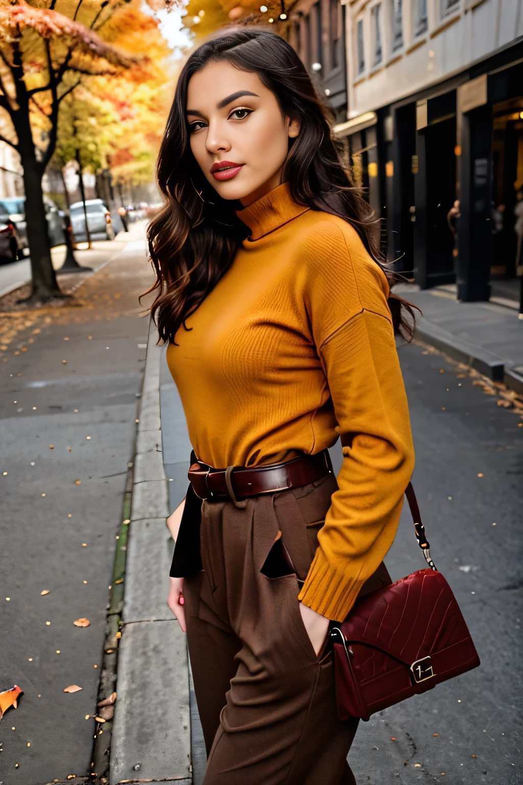 Create an image of a fashionable female model dressed in autumn-inspired clothing, featuring bold colors. She is wearing a mustard-yellow trench coat over a deep burgundy turtleneck sweater, paired with dark olive green high-waisted trousers. The model stands on a cobblestone street, surrounded by trees with vibrant orange and red leaves falling to the ground. Her outfit is complemented by a pair of brown leather boots and a matching belt. The model’s wavy, shoulder-length brunette hair flows naturally, and her makeup features warm, earthy tones. The setting is illuminated by the soft glow of the afternoon sun, casting long shadows and creating a cozy, autumn atmosphere.
.