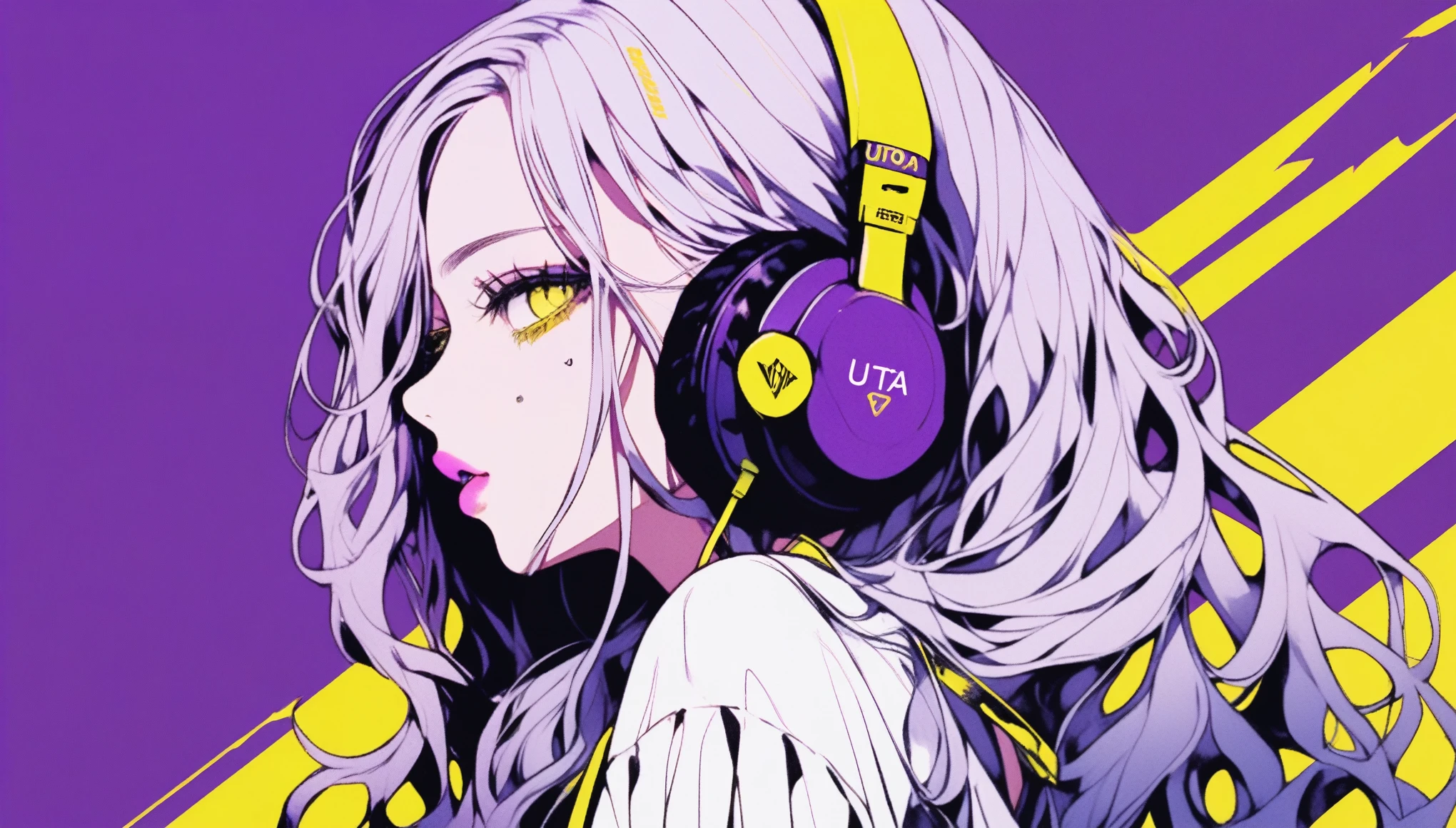 (best quality, sketch:1.2),realistic,illustrator,anime,1 girl, detailed lips, custom, yellow gradient background, neon hair, , masterpiece, style retro classic, noir dark ,Uta, purple eyes, long hair, split-color hair, hair over one eye, hair rings, headphones, white dress, frills, neck ribbon, single sleeve, long sleeve,