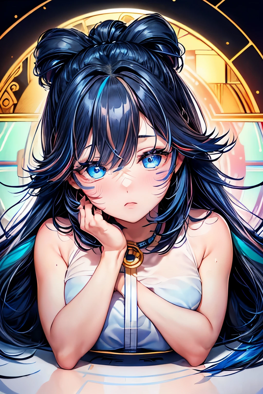 (masterpiece, ultra quality:1.2, 4k, beautiful),(1girl, bowing, (Secret Illustration,(cute, fair skin, (black Hair, inner blue hair:0.4, BREAK, medium hair, hairs between eyes) ,(Blue streaked hair),blue eyes, circle glass, blush stickers) ,BREAK, (Detective) ,(Shine, Sophisticated)))