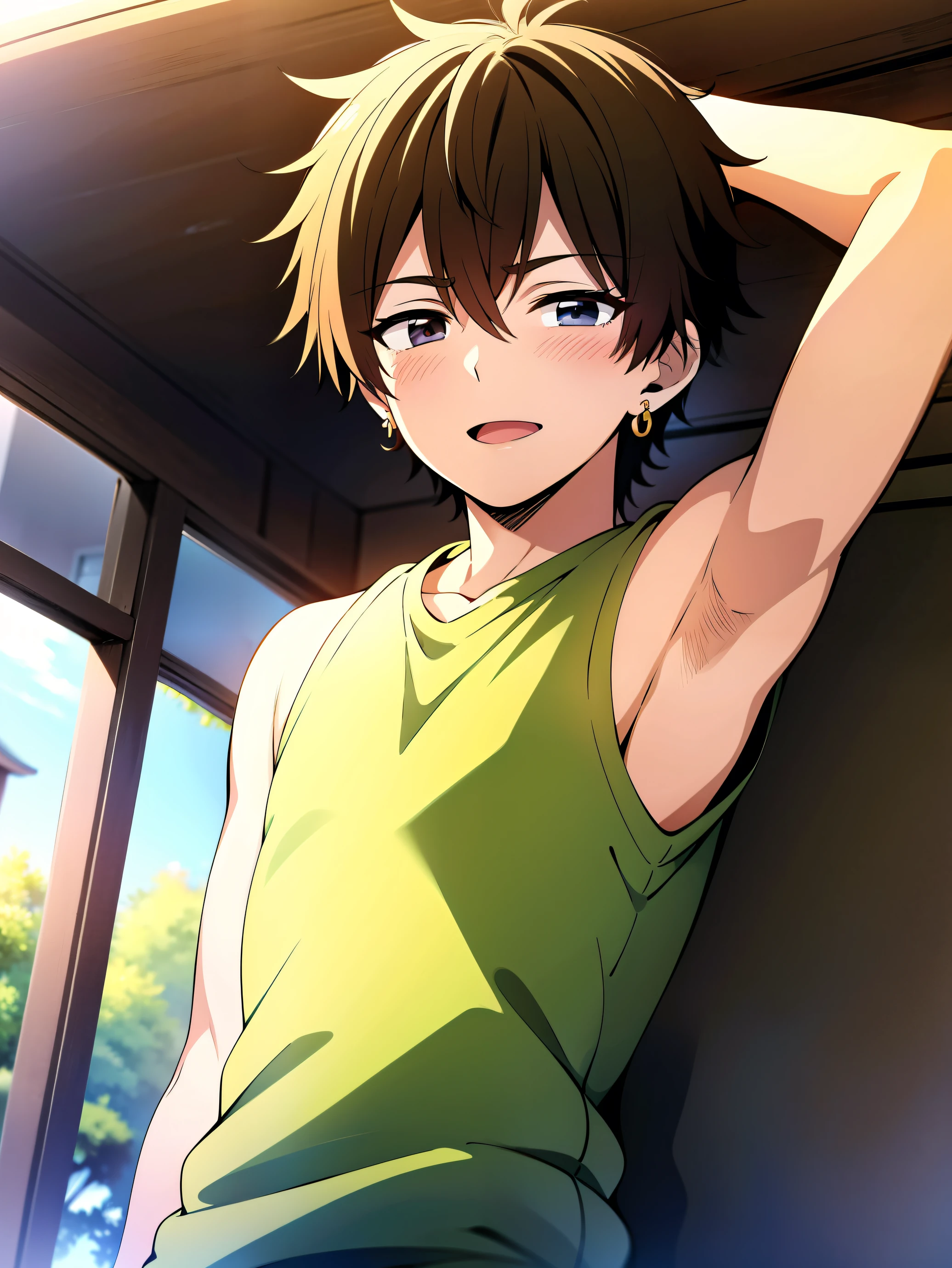 Highres, Masterpiece, Best quality at best,Best Quality,hight quality, hight detailed, Anime style, 1boy, Boy, Shota, Solo person, hansome, Messy hair, earring, Sleeveless hoodie, (Upper body, Seen from the front), Summer day, Laugh, Slim body, Blurry beckground, (Showing armpit:1.3), (very young boy), (very small and short body), Uhd