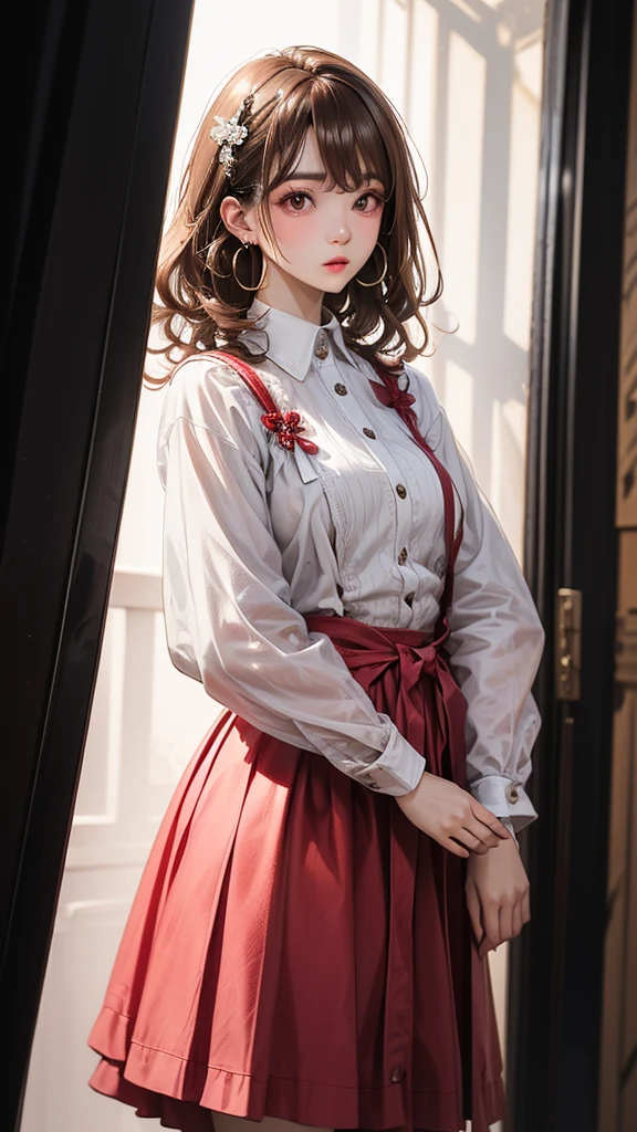 A girl, small breast. She wears a white shirt with a fuchsia ribbon, a short fuchsia skirt. Background a castle