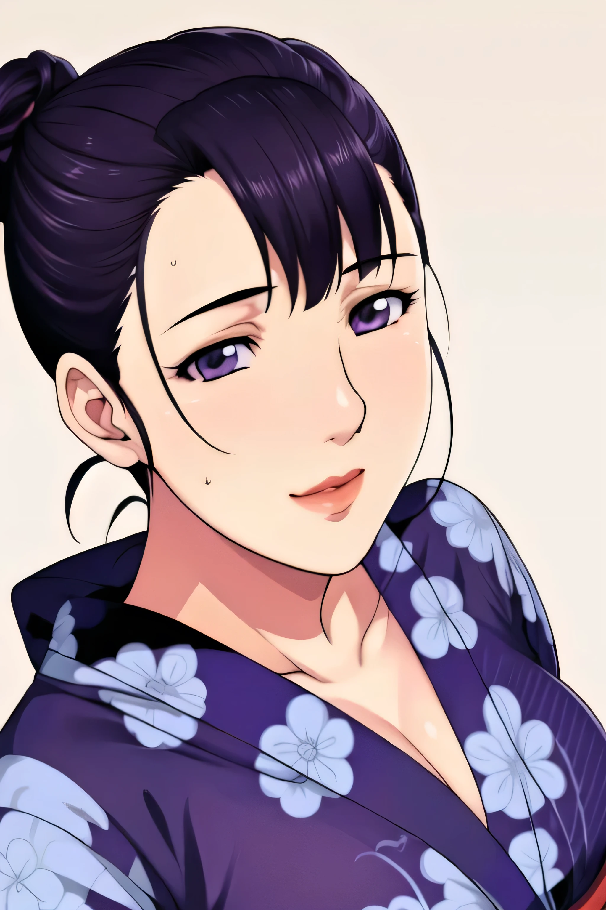 Simple Background,White Background,
purple kimono,floral print,japanese clothes,wide sleeves,long sleeves,
cleavage,
purple eyes, black hair,bangs,hair bun,
1 girl, 20yo,Young female,Beautiful long legs,Beautiful body,
Beautiful Nose,Beautiful character design, perfect eyes, perfect face,expressive eyes,perfect balance,
looking at viewer,(Focus on her face),closed mouth, (innocent_big_eyes:1.0),(Light_Smile:0.3),
official art,extremely detailed CG unity 8k wallpaper, perfect lighting,Colorful, Bright_Front_face_Lighting,White skin,
(masterpiece:1.0),(best_quality:1.0), ultra high res,4K,ultra-detailed,
photography, 8K, HDR, highres, absurdres:1.2, Kodak portra 400, film grain, blurry background, bokeh:1.2, lens flare, (vibrant_color:1.2),professional photograph,
(Beautiful,large_Breasts:1.4), (beautiful_face:1.5),(narrow_waist),