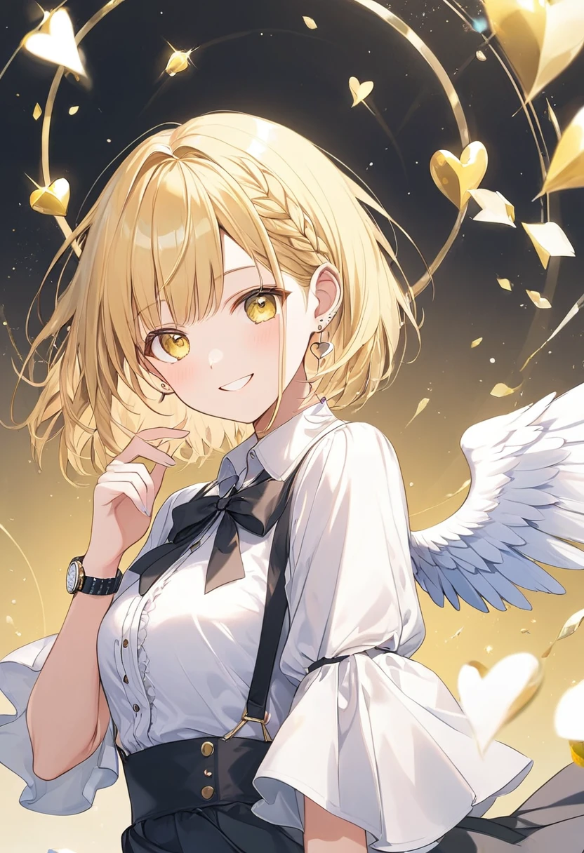 very young man with blonde wavy hair, semi-round face, golden eyes, big smile, cute, with white angel wings