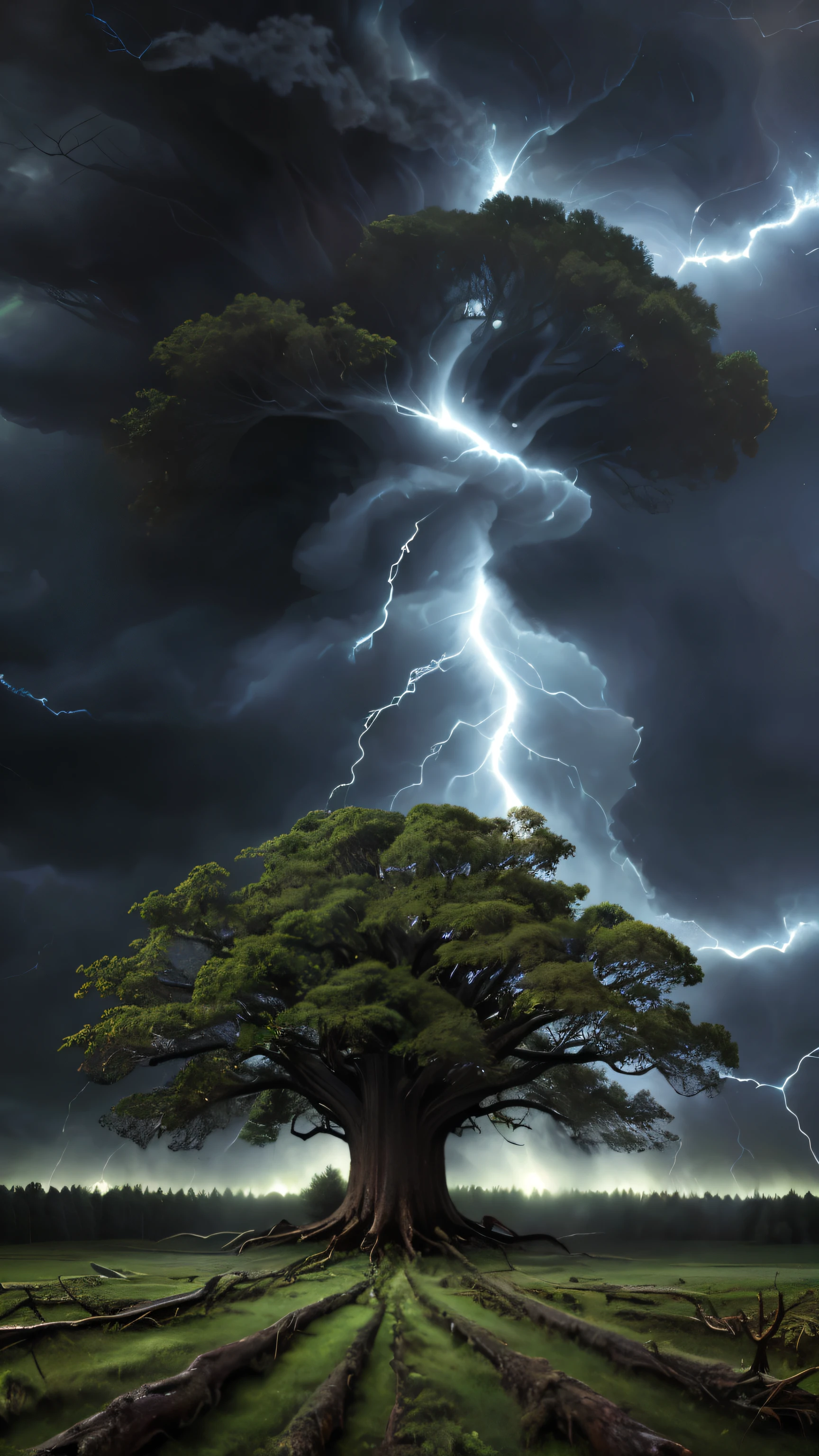 Big old tree, storm theme, forest background, tornado