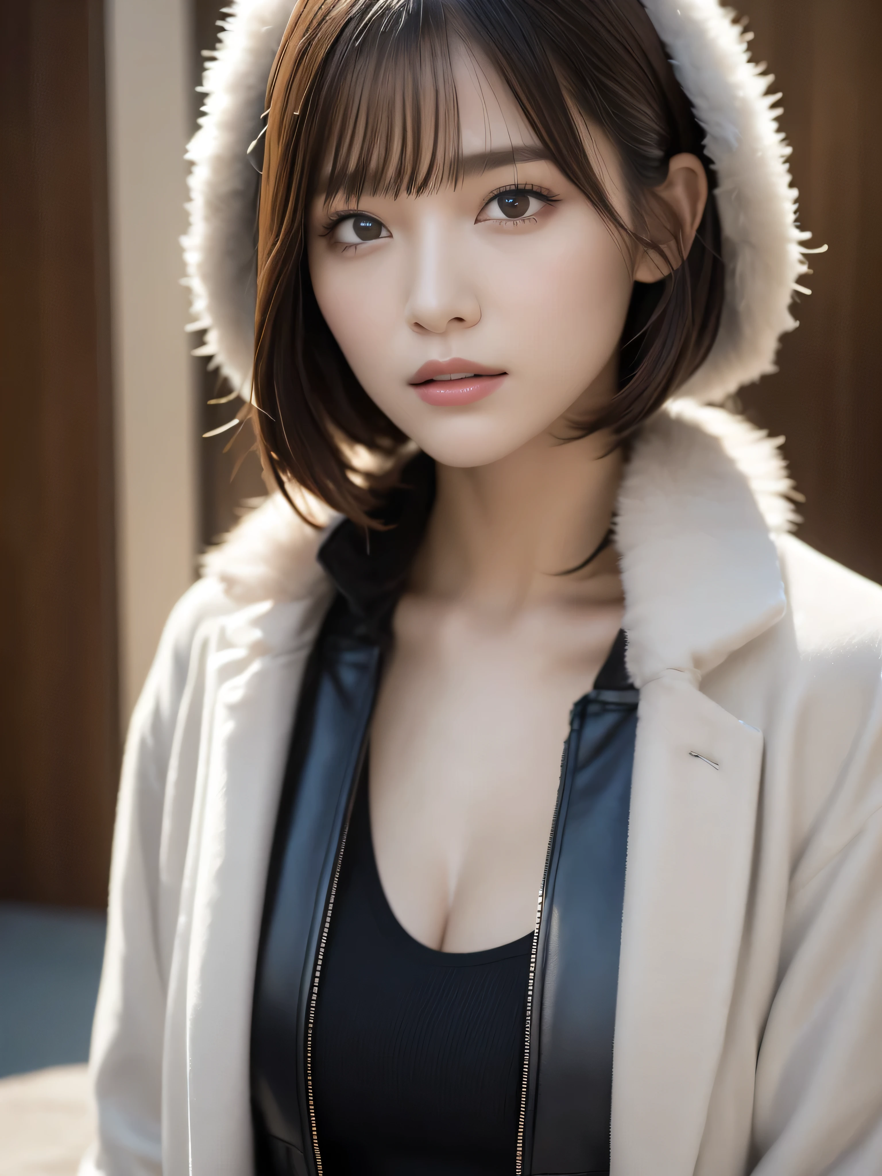(Tabletop、highest quality、8k、Award-winning works、Ultra-high resolution)、One beautiful woman、(Thick open fur coat:1.2)、brown hair、(short hair:1.1)、Spectacular Cinema Lighting、(Romantic affection:1.1)、(The most romantic and moody atmosphere:1.1)、winter、Snow Scene、it&#39;s snowing、(Walking through the snowy streets of Northern Europe:1.1)、look at me、(Very large breasts:1.1)、(Cleavage:1.1、(Accentuate your body lines:1.1)、blurred background、Accurate anatomy、Ultra HD Hair、Ultra-high resolutionの完璧な美しい歯、Ultra-high definition beauty face、Ultra HD Hair、Ultra-high resolutionの輝く瞳、輝くUltra-high resolutionの美肌、Ultra-high resolutionの艶やかな唇、(Face close-up:1.1)