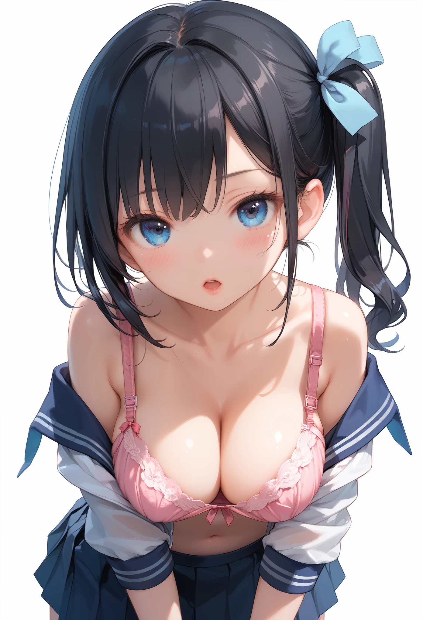 score_9,score_8_up,score_7_up, 1girl, bare shoulders, black hair, blue eyes, blue sailor collar, blush, bra, breasts, cleavage, collarbone, downblouse, hair ribbon, hanging breasts, large breasts, looking at viewer, navel, open clothes, open mouth, parted lips, pink bra, pleated skirt, ribbon, sailor collar, school uniform, side ponytail, simple background, skirt, solo, underwear