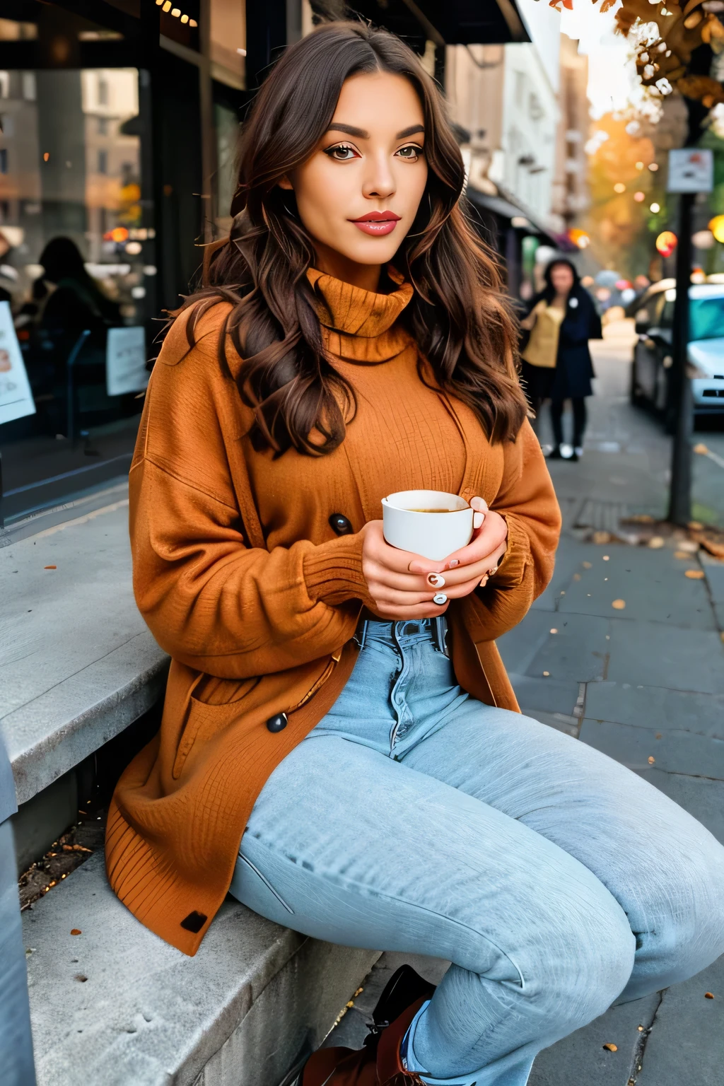 
Generate an image of a fashionable female model dressed in trendy autumn attire, sitting at an outdoor café while enjoying a cup of coffee. She wears a rust-colored wool coat over a cream turtleneck sweater, paired with dark blue skinny jeans and brown leather ankle boots. The model holds a simple white coffee cup with both hands, with fingers slightly curled to give a relaxed and balanced look. Her hands are in proportion, with smooth, delicate fingers. Fallen orange and yellow leaves surround her, and the warm, golden light of an autumn afternoon enhances the cozy ambiance. Her brunette hair is styled in loose waves, and her makeup is natural, focusing on warm tones. The scene captures a calm, fashionable autumn moment, with careful attention to the proportions of the model’s hands.