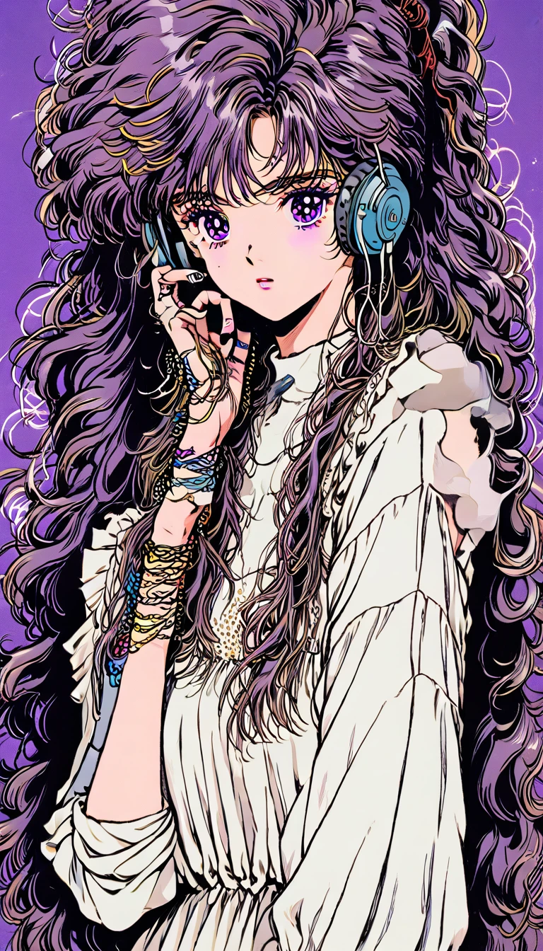 Uta, purple eyes, long hair, split-color hair, hair over one eye, hair rings, headphones, white dress, frills, neck ribbon, single sleeve, long sleeve,