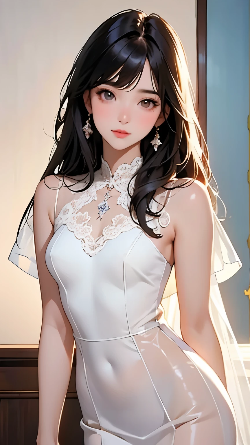 A very beautiful girl, See-through，Beautiful and fair、Beautiful Skin、Glowing Skin, bright, A refreshing and gentle appearance, Perfect beautiful face、Beautiful shiny bangs, Small breasts，Lace dress，See-through，Blur the background、8k、Best Quality、High image quality、masterpiece、wallpaper、