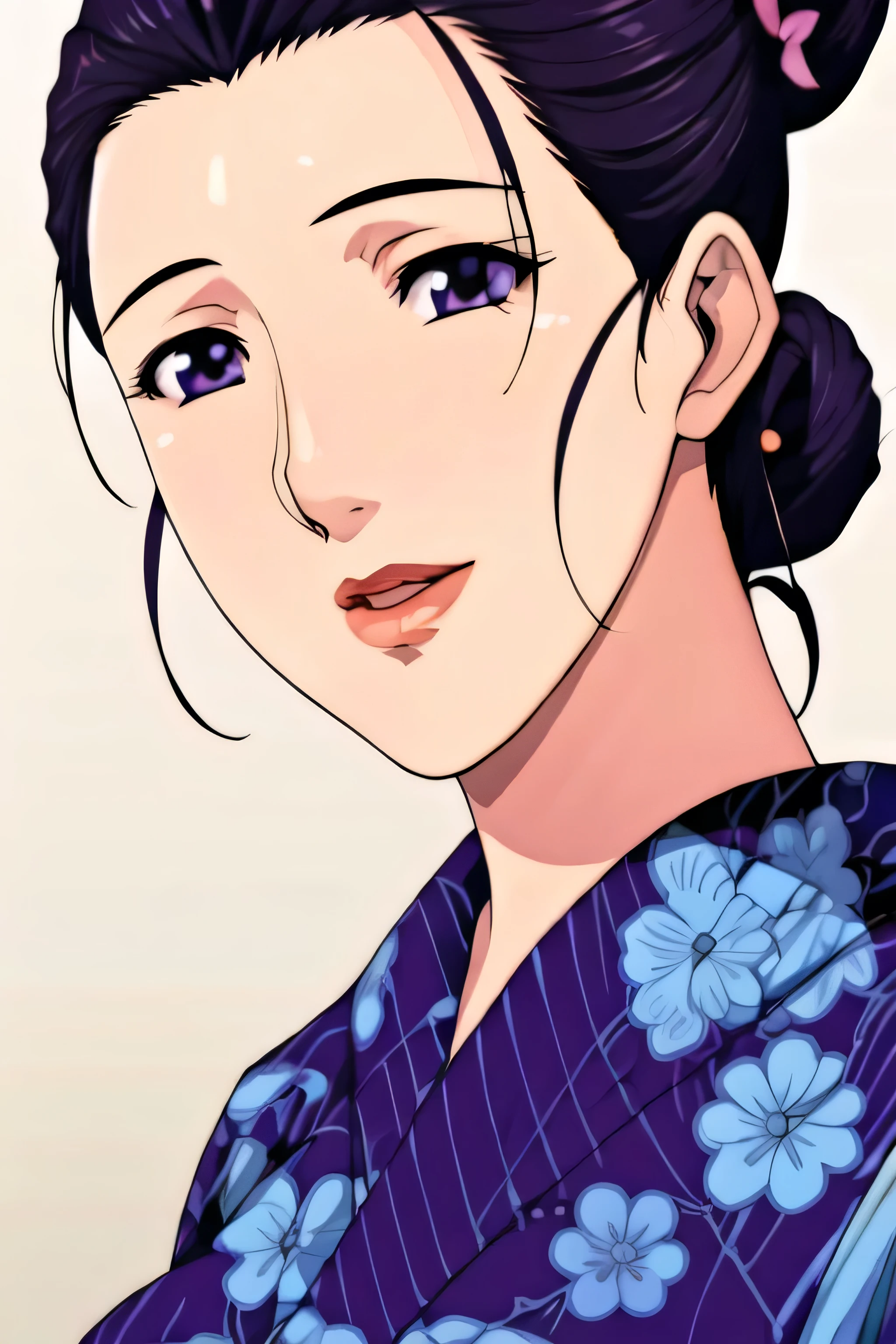Simple Background,White Background,
purple kimono,floral print,japanese clothes,wide sleeves,long sleeves,
cleavage,
purple eyes, black hair,bangs,hair bun,
1 girl,Young female,Beautiful long legs,Beautiful body,
Beautiful Nose,Beautiful character design, perfect eyes, perfect face,expressive eyes,perfect balance,
looking at viewer,(Focus on her face),closed mouth, (innocent_big_eyes:1.0),(Light_Smile:0.3),
official art,extremely detailed CG unity 8k wallpaper, perfect lighting,Colorful, Bright_Front_face_Lighting,White skin,
(masterpiece:1.0),(best_quality:1.0), ultra high res,4K,ultra-detailed,
photography, 8K, HDR, highres, absurdres:1.2, Kodak portra 400, film grain, blurry background, bokeh:1.2, lens flare, (vibrant_color:1.2),professional photograph,
(Beautiful,large_Breasts:1.4), (beautiful_face:1.5),(narrow_waist),big boobs, navy blue, single bun hairstyle, large breast
