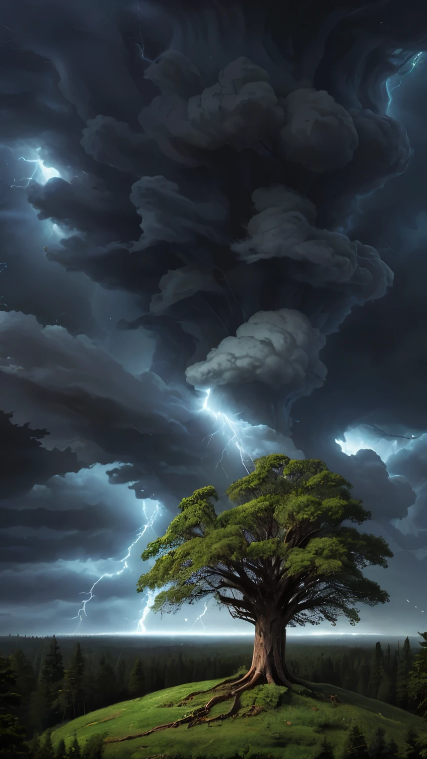 Old tree, storm theme, forest background, 