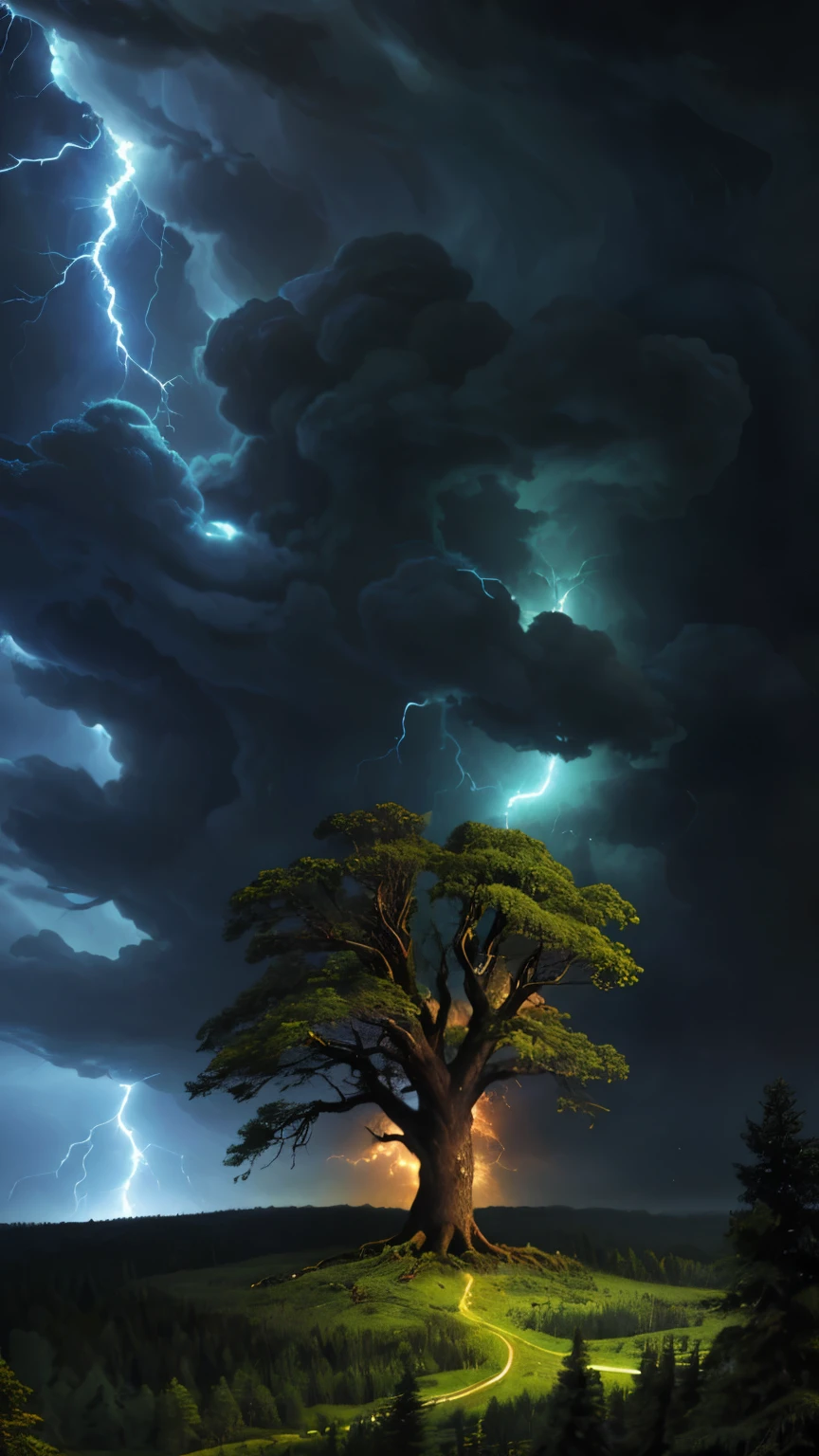 Old tree, storm theme, forest background, 