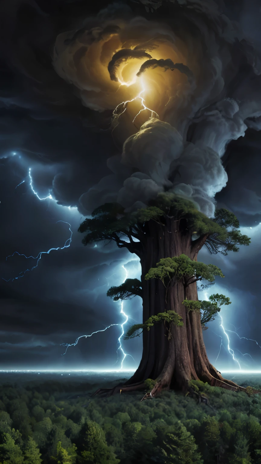 Big old tree, storm theme, forest background, tornado