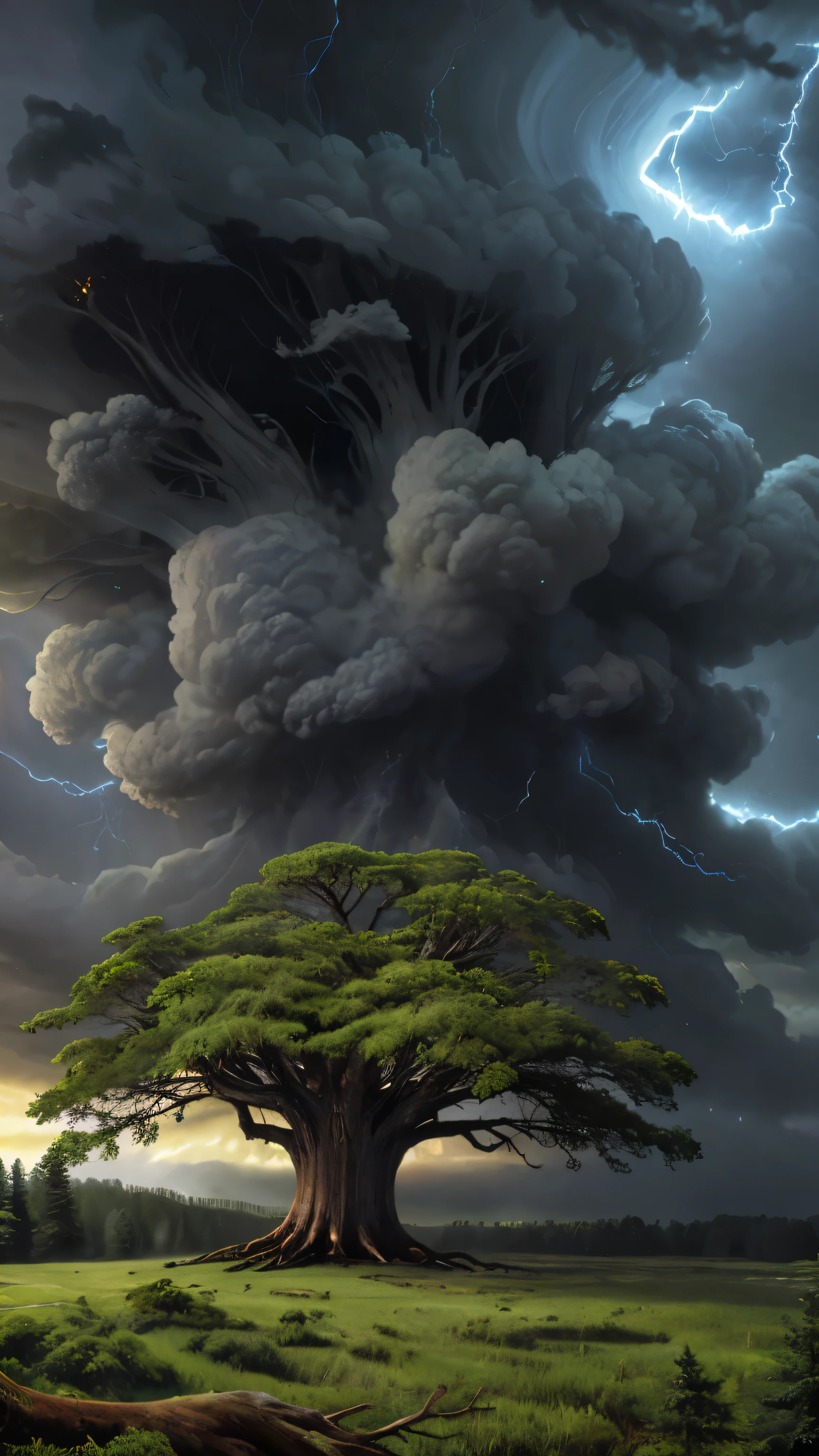 Big old tree, storm theme, forest background, 