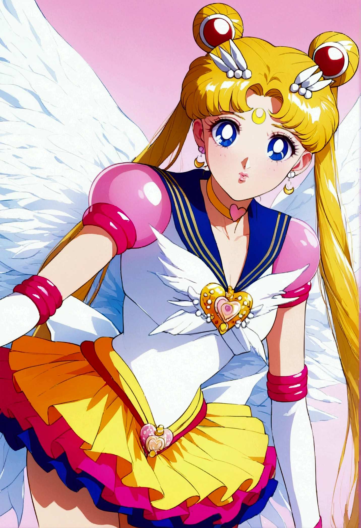 1girl, sailor moon, bishoujo senshi sailor moon, elegant detailed eyes, detailed facial features, long eyelashes, beautiful detailed lips, elegant detailed pose, highly detailed, masterpiece, 4k, hyper realistic, photorealistic, cinematic lighting, dynamic composition, intricate details, vibrant colors, soft dreamy atmosphere, magical girl fantasy, full body shot, aausagi, long hair, double bun, twintails, hair ornament, parted bangs, forehead mark, earrings, blue eyes, wings, heart choker, blue sailor collar, heart brooch, white shirt, puffy short sleeves, elbow gloves, white gloves, yellow skirt, layered skirt