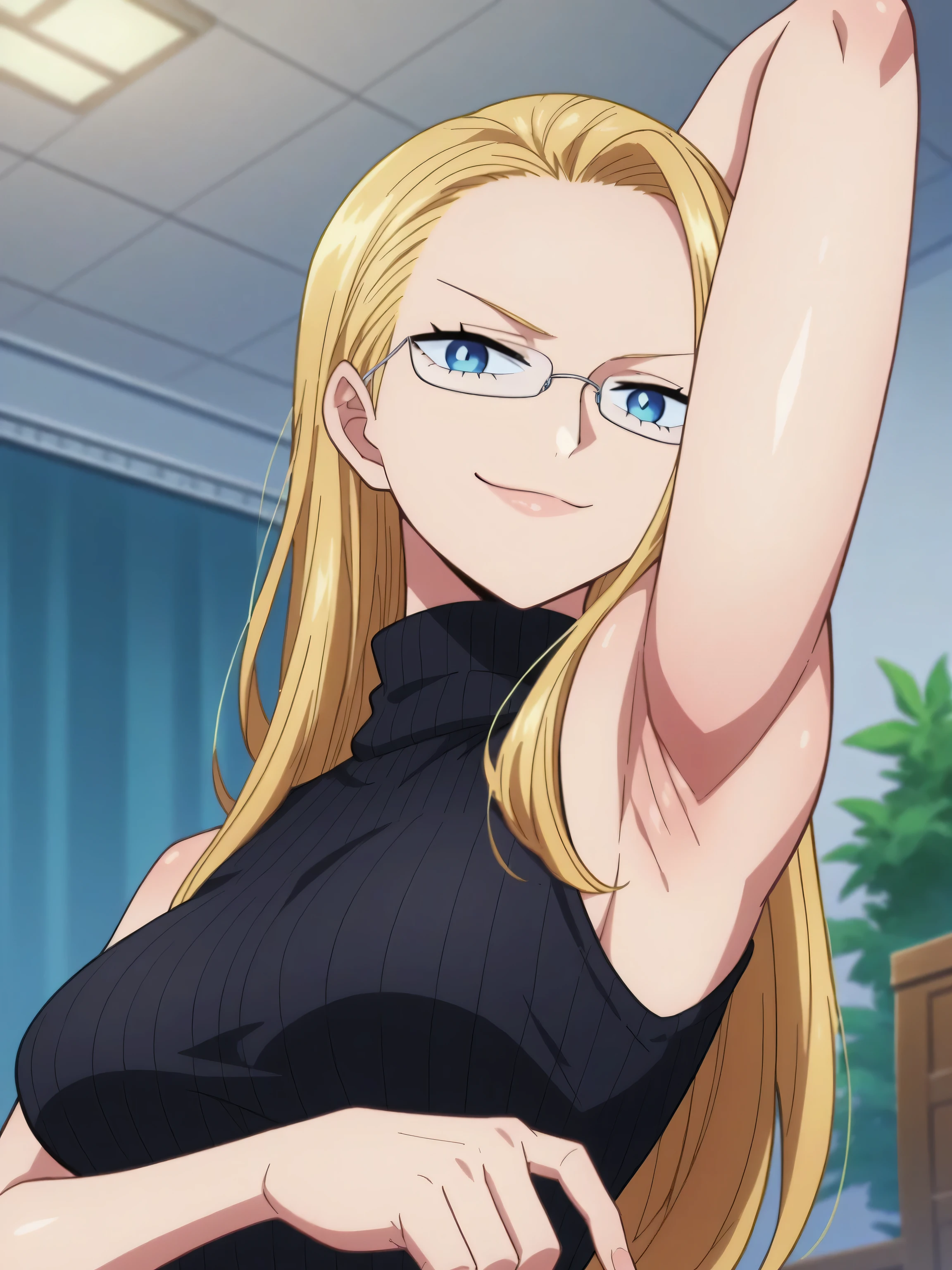 score_9, score_8_up, score_7_up, source_anime, anime screencap, indoors, 1girl, solo, kalifacp9, blue eyes, glasses, breasts, blonde hair, long hair, sweater, ribbed sweater, ribbed, turtleneck, turtleneck sweater, black sweater, sleeveless sweater, bare shoulders, bare arms, sleeveless, looking at viewer, head towards viewer, arm behind head, armpit, smile, smug, closed mouth, from side, from below
