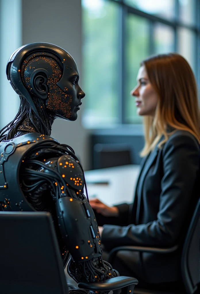 Create an image depicting a physical struggle between a person and a humanoid robot, both competing for the same job. The scene should show the individual and the robot engaged in a tense and dynamic confrontation in a workplace setting. The person should be portrayed with a determined or frustrated expression, while the humanoid robot appears advanced and mechanically efficient. The background can include elements of an office or industrial environment, with job-related tools or documents scattered around. Use dramatic lighting and bold contrasts to emphasize the intensity of the struggle and the clash between human and robotic capabilities. The overall mood should capture the high-stakes competition for employment amidst technological advancement.