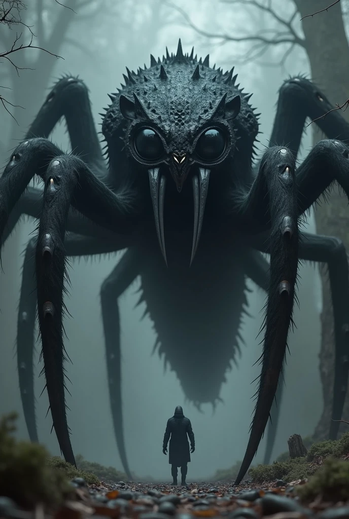 A dangerous creature in a mysterious nature, legs like a spider, head like a predator. Realistic view.
