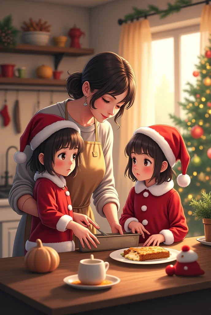 Anime mother and daughter in aprons cooking Christmas daughter dressed as Santa Claus daughters are twins Christmas tree