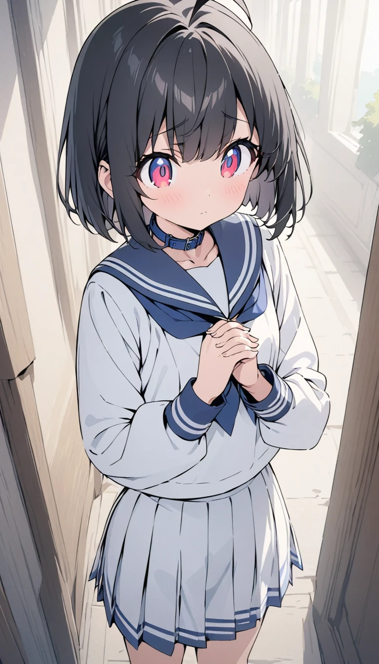 girl、Bobcut、Black Hair、Ahoge、Red Eye、Tree Eyes、Three white eyes、Sailor suit、bright,白いSailor suit,Navy blue collar,Long sleeve,Puff sleeves,Navy blue cuffs,white line,The skirt is white,Navy blue line on the hem of the skirt,Thick and thin lines,、Old fashioned hallway background、Front、masterpiece、Please redeem、Detailed explanation、Cute Anime、Illustration、High resolution, Attention to detail, 超High resolution, Very detailed,Fingers clasped together in front of chest