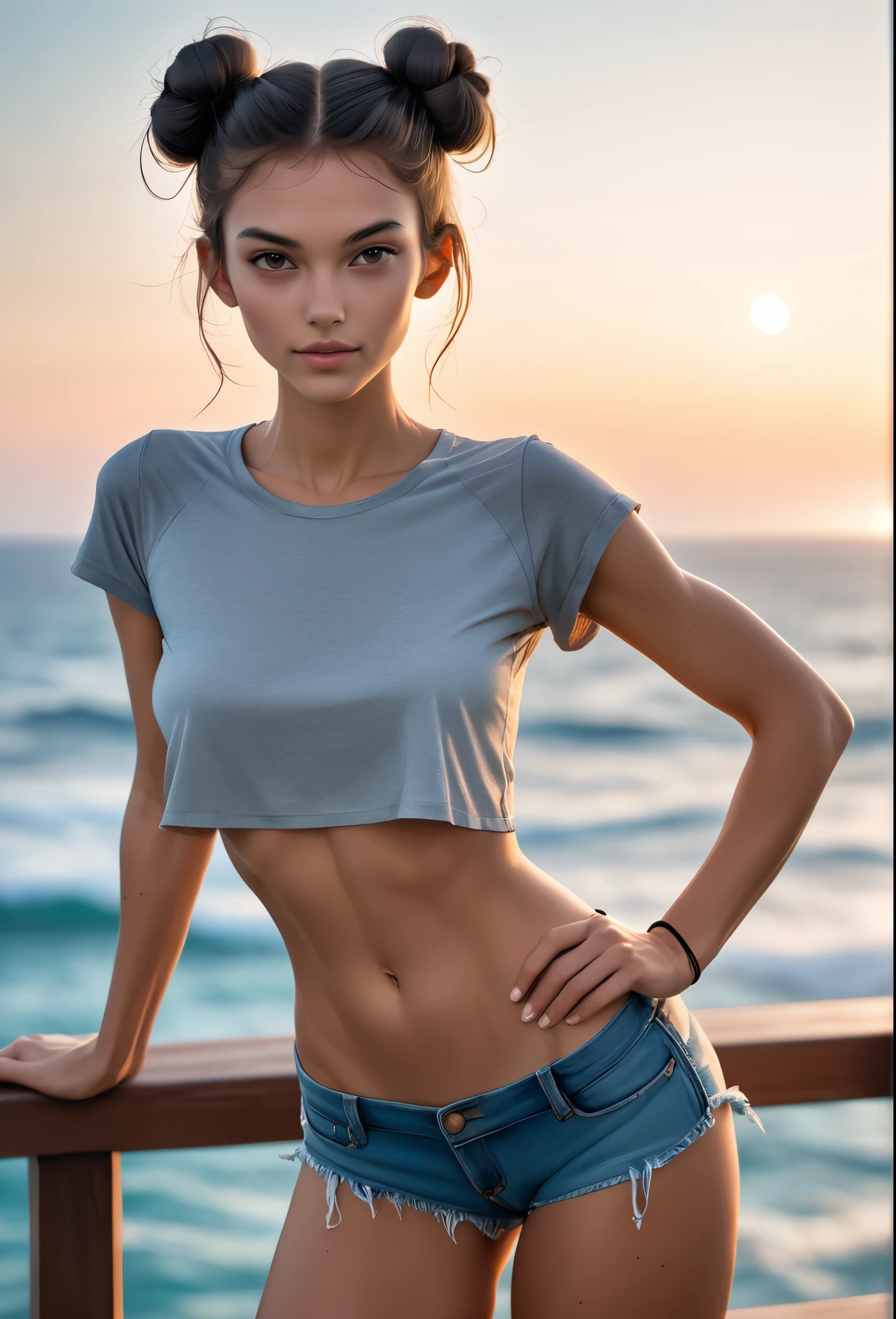 1 girl, 2 buns, skinny body, flat chest, skimpy cropped t-shirt and shorts, posing, ocean view, cowboy shot, bokeh,