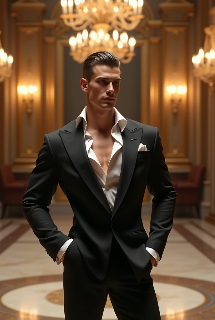 Un homme sexy avec des gants en latex blanc